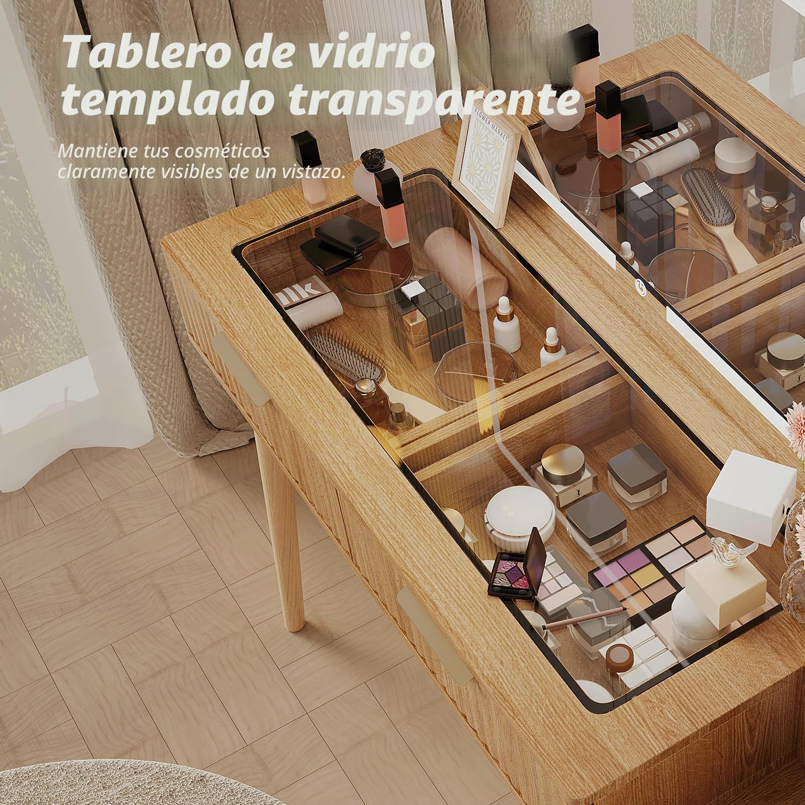 Tocador moderno, 120 cm, con espejo de 90 cm y 3 luces de colores, 5 cajones, estantes abiertos, base de carga de cristal (roble natural)