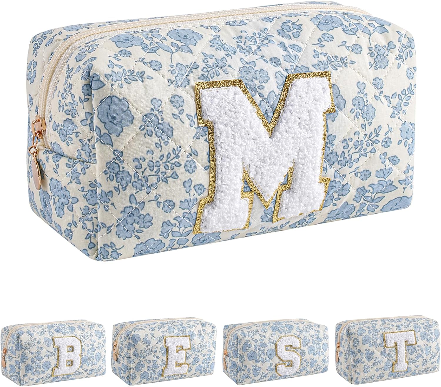 JOVAKIT Blue Floral Alphabet Makeup Bag for Girls 6-18 - Coquette Cosmetic Travel Pouch, Toiletry Organizer, Trendy Zipper Gift