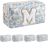 JOVAKIT Blue Floral Alphabet Makeup Bag for Girls 6-18 - Coquette Cosmetic Travel Pouch, Toiletry Organizer, Trendy Zipper Gift