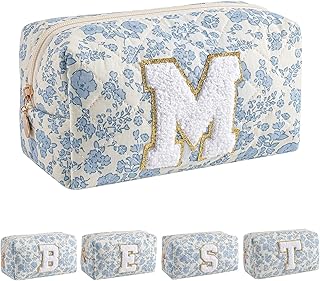 Alphabet Makeup Bag Cosmetic Bag for Women, Christmas Gifts for Girls Age 6-18, Floral Flowers Coquette Travel Toiletry Zipper Make Up Pouch Organizer Trendy Stuff (Blue Floral M)