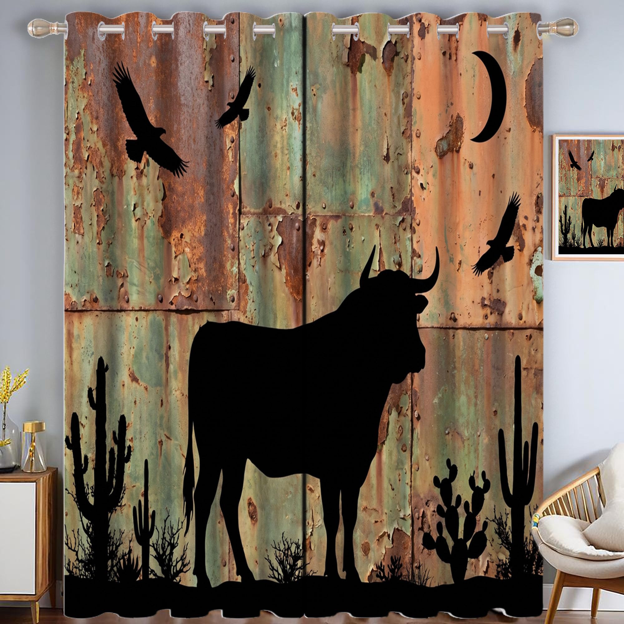 Pflanzenhirsche Vorhänge, Western Country Style Vorhang Blickdicht Thermo Mit Ösen - Rostrot Gardinen Wohnzimmer Schlafzimmer Fenster - H214 X B91.5 cm (2Er Pack)