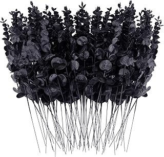 FEQO 72 Pcs Black Eucalyptus Stems Artificial Leaves Faux Eucalyptus Stems Branches 15 inch for Wedding Bouquet Home Decor