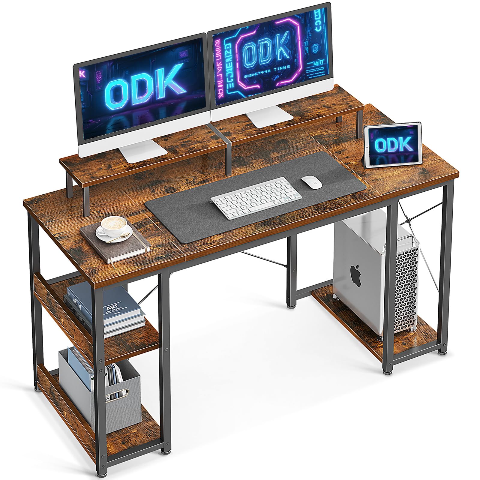 ODKDesk with Reversible Shelf, Computer Table with Monitor Stand and Storage Shelf, Workstations for Office, Bedroom, 120 x 50 x 86.5 cm, Brown
