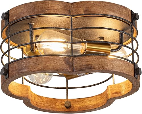 Miniatura 7 de Lámpara de techo de montaje empotrado estilo granja, 14 pulgadas, 2 luces de metal y madera cerca del techo, lámpara de techo de tambor rústico para