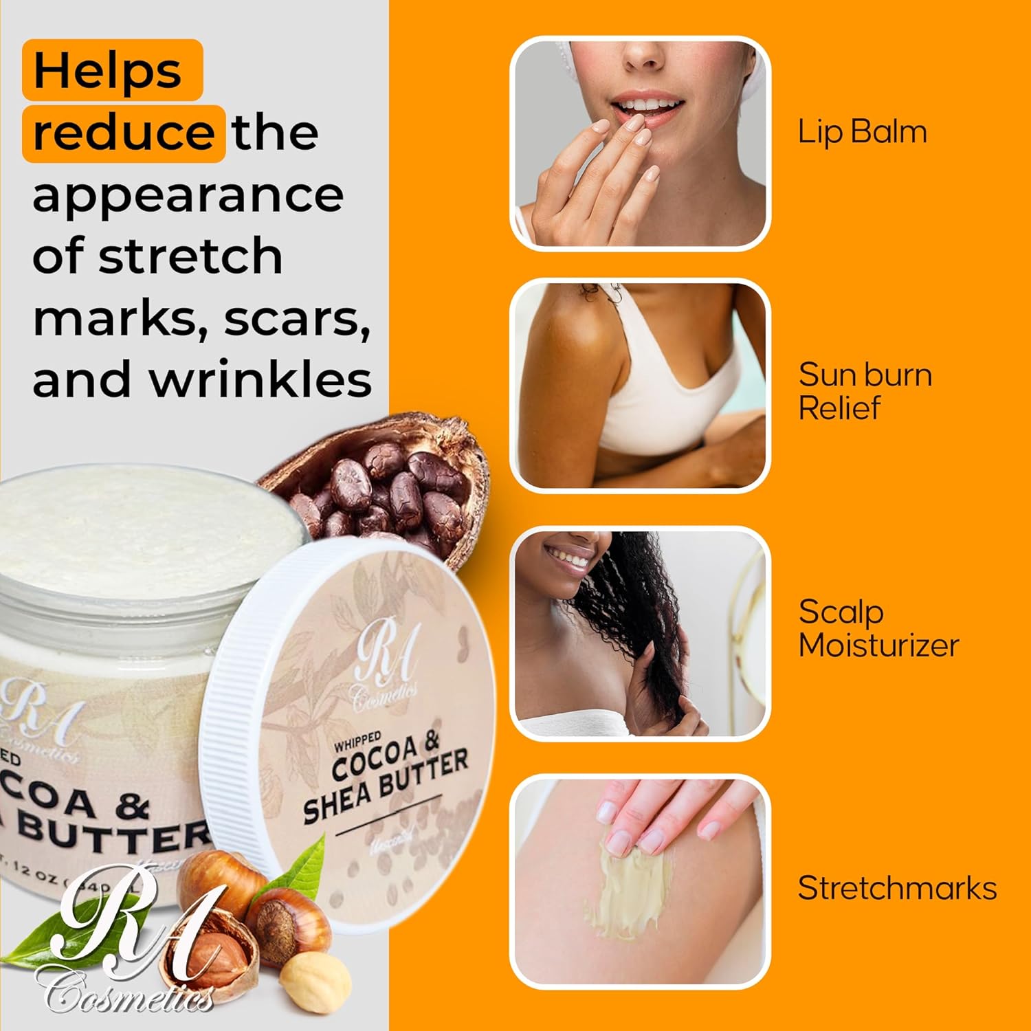 RA COSMETICS Whipped Cocoa & Shea Butter, Unscented - 12oz | 100% Pure & Natural Skin Moisturizer with Coconut Oil | Vitamin-Rich Body Butter for Soft, Supple, and Radiant Skin & Healthy Hairs - Image 5