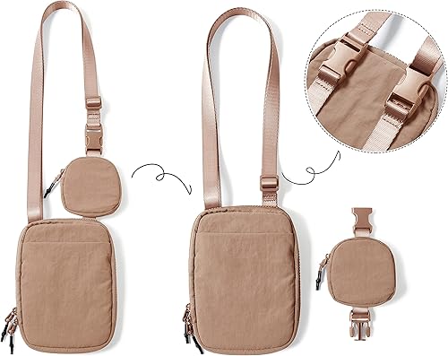 Miniatura 4 de ODODOS Bolso cruzado unisex con bolsa pequeña extraíble ajustable para teléfono celular, viajes, entrenamiento, correr, senderismo, Marrón, Bandolera