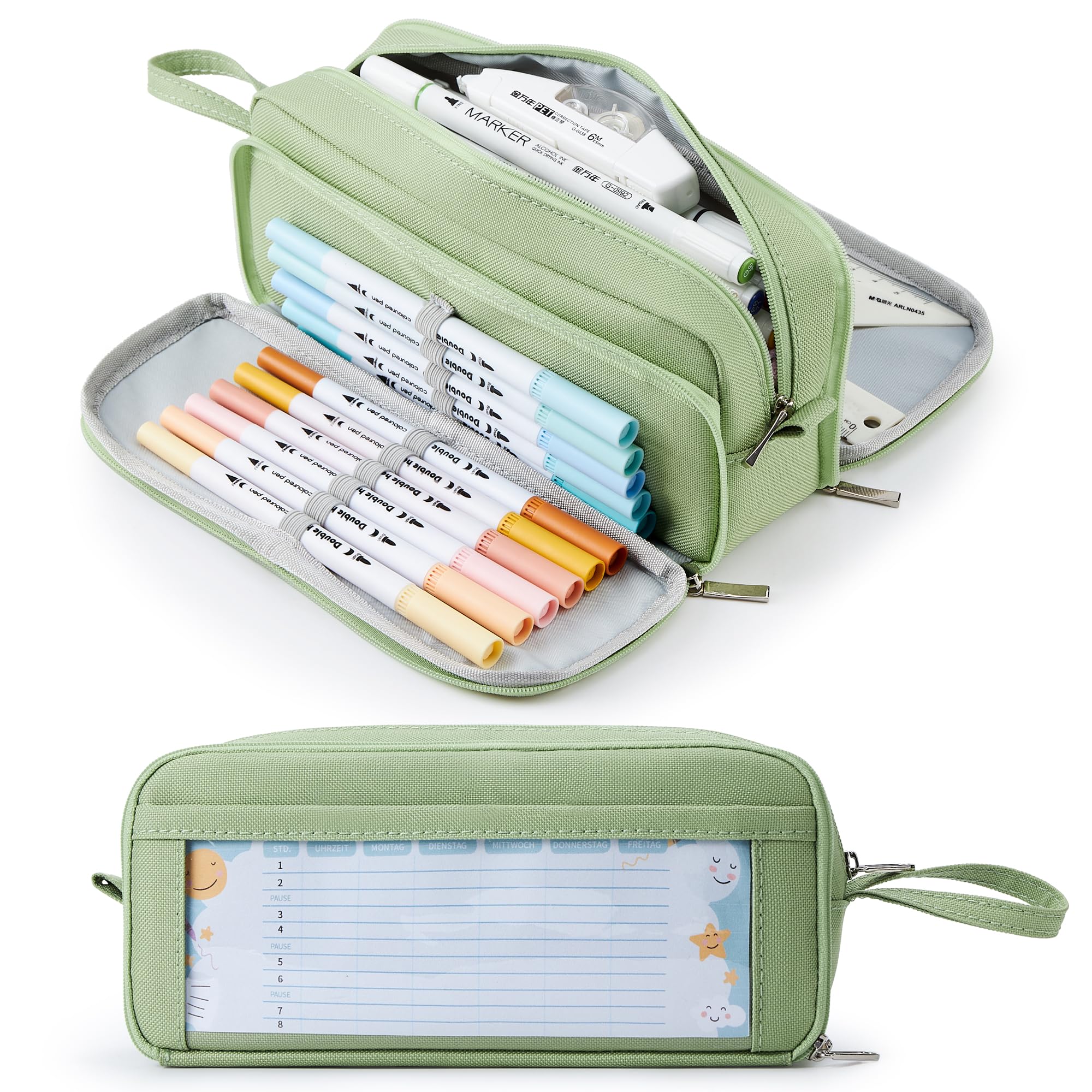 KALIDI Pencil Case with 3 Compartments Large Capacity Pencil Case Pencil Case Pencil Bag for School & Office, light green, 21 cm x 7.5 cm x 10 cm, pencil case