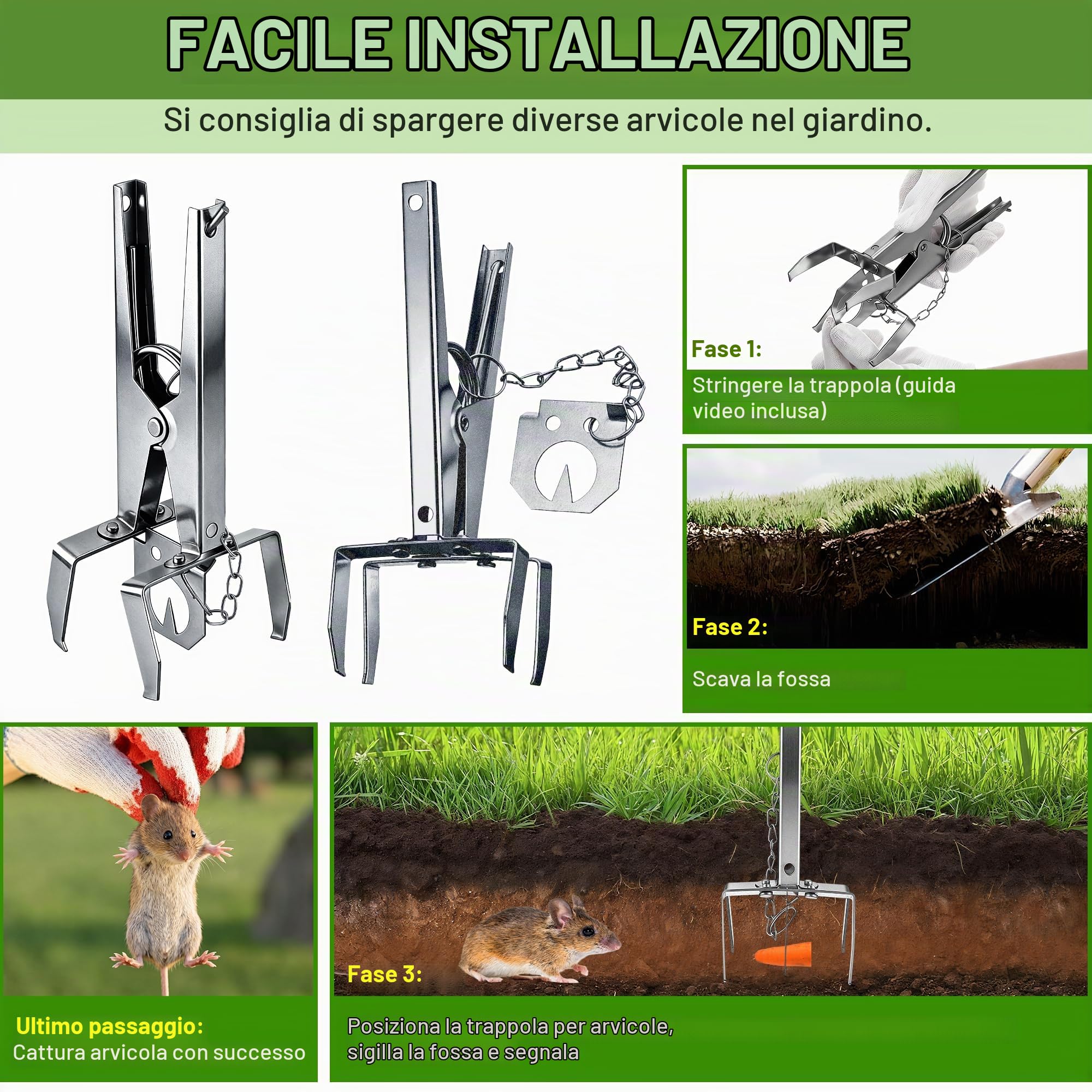 Enhon Trappola per Arvicole con Catena, 4 Pezzi - Affilata e Riutilizzabile - Trappola per Arvicole con Clip - Cattura su Entrambi i Lati | Efficace Trappola per Topo Campagnolo per Giardino e Prato