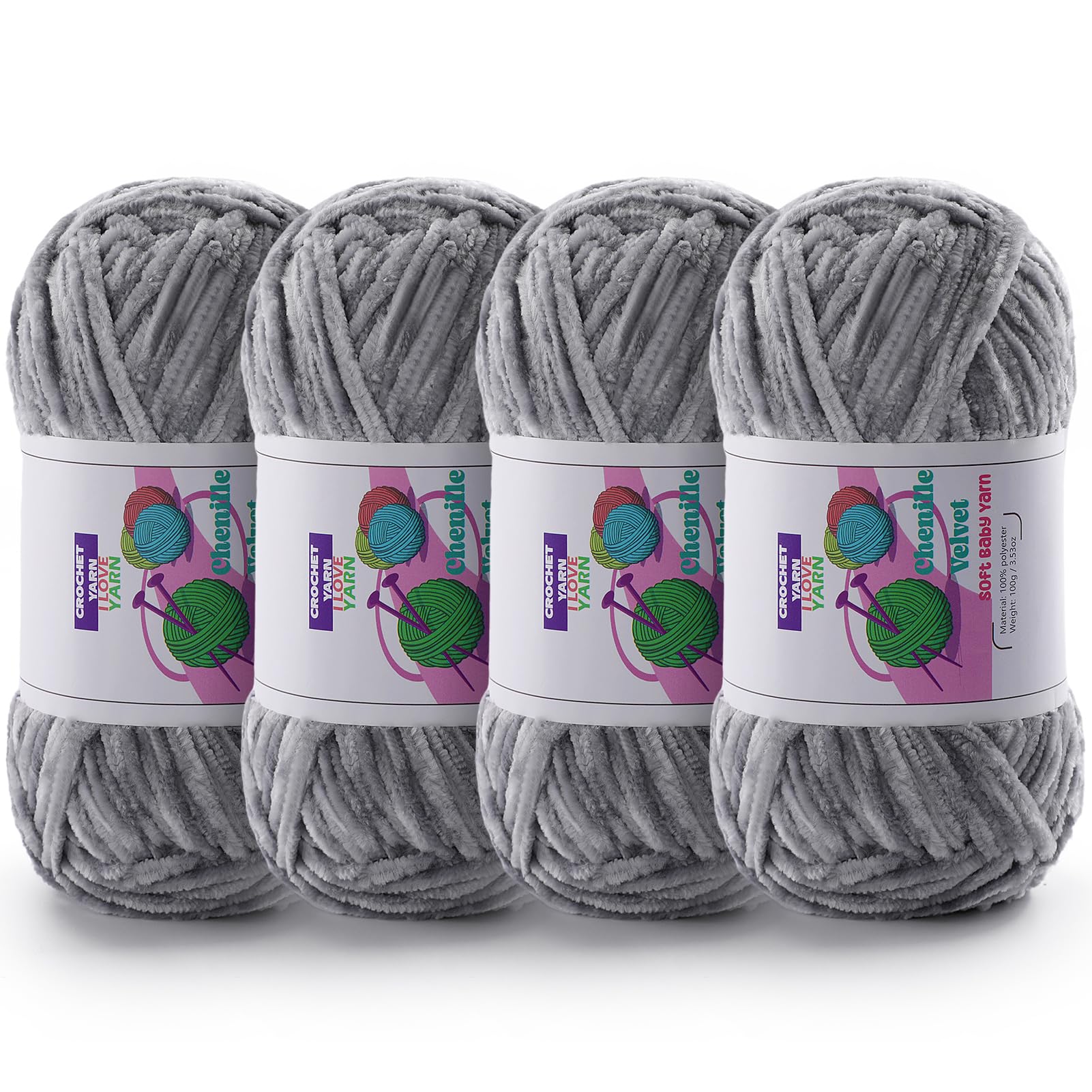 Chenille Velvet Yarn for Crocheting, Gray Fuzzy Fluffy Yarn for Crochet