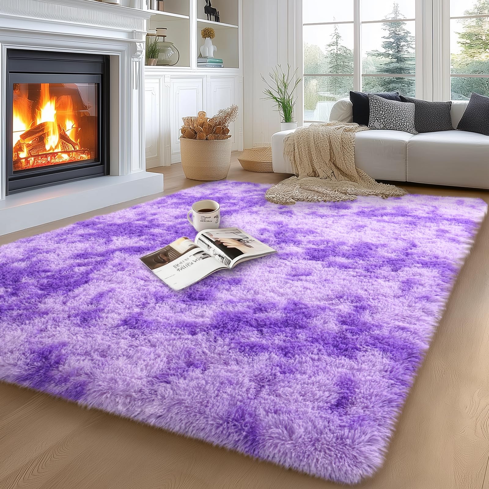 5x7 Area Rugs for Living Room, Large Fluffy Rug for Bedroom, Soft Shag Shaggy Fuzzy Carpets for Boys and Girls Dorm Room Home Decor (5ft x 7ft, Tie-Dyed Purple)