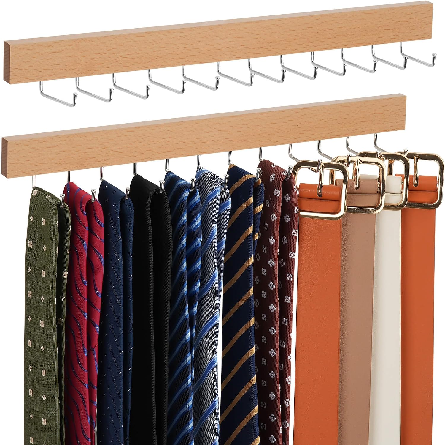 ZEDODIER 2 Pack Wodden Tie Hanger Wall Mounted, Space Saving Belt Organizer for Man with 24 180° Rotating Hooks, Space Saving Belt Storage Holder, White