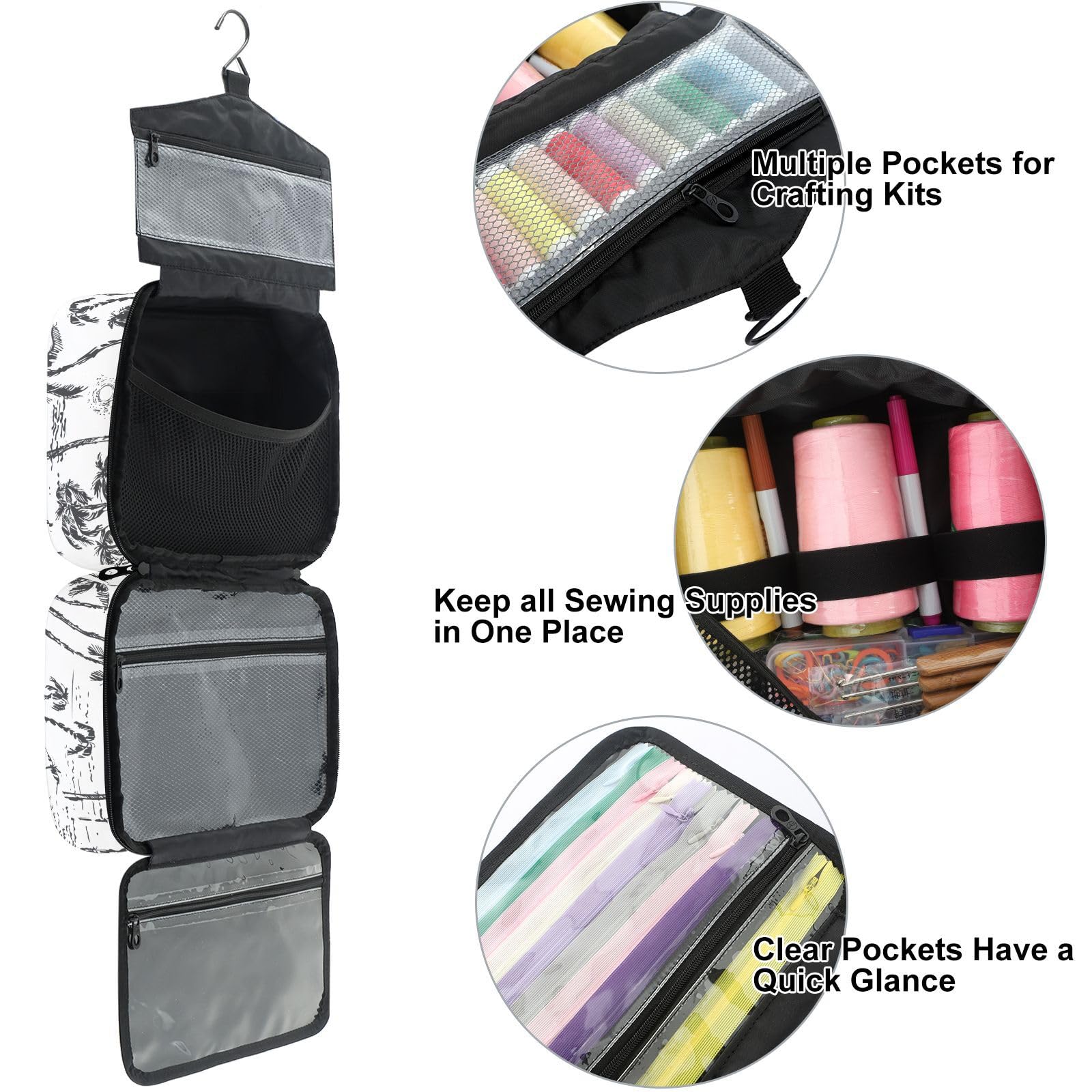 YNNALE Sewing Supply Organizer Bag, Sunset Palm Tree HawaiiPortable Sewing Bags with Pockets&Hanger, Sewing Storage Box Case for Sew Supplies/Kit/Tools/Accessories (BAG ONLY)