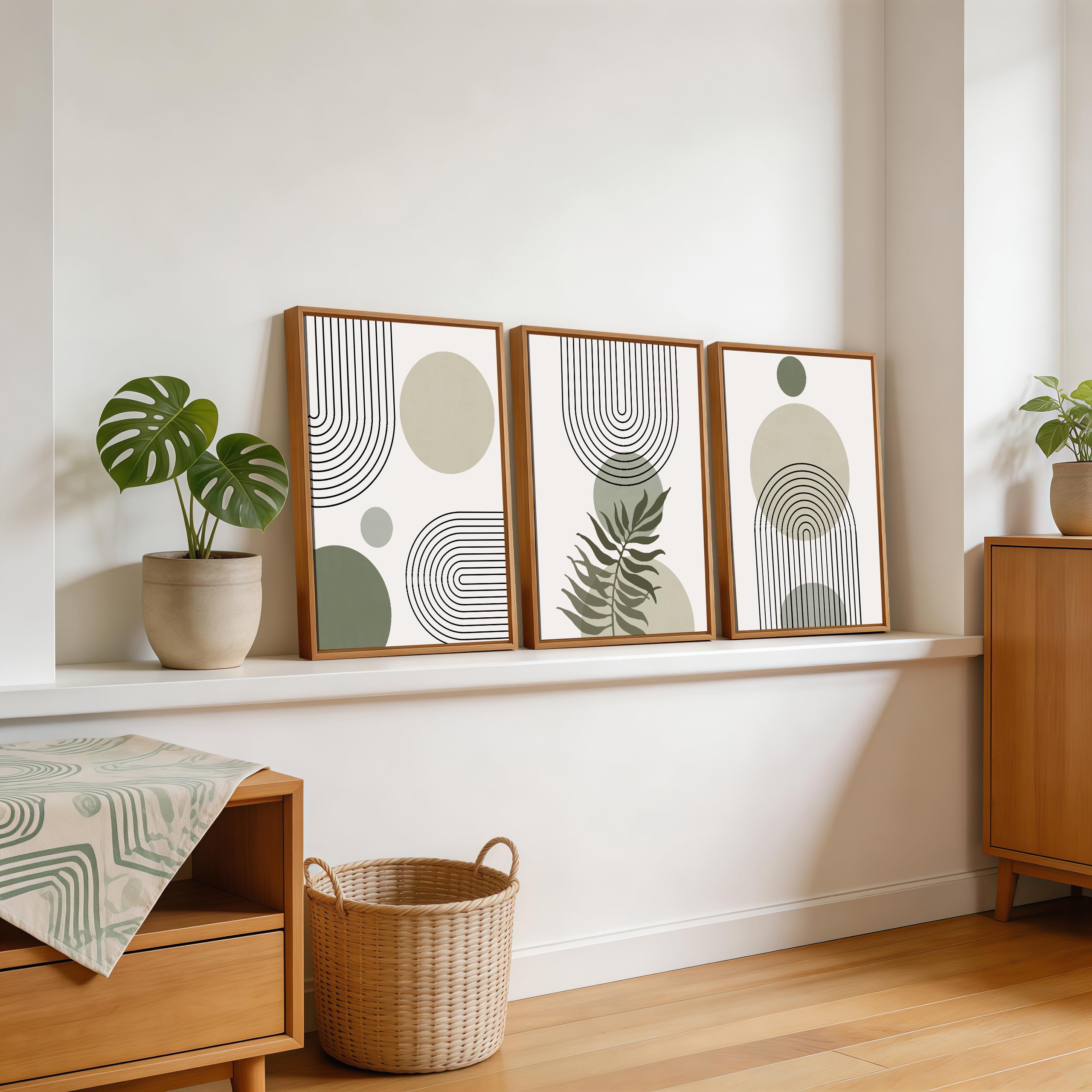3 Pcs Wooden Framed Canvas Wall Art Set Bohemian Sage Green Canvas Prints Poster Geometric Line Beige Green Pictures for Living Room Bedroom Dinning Room Hallway Stairs Wall Decor 30x40cm x3pcs — view 245