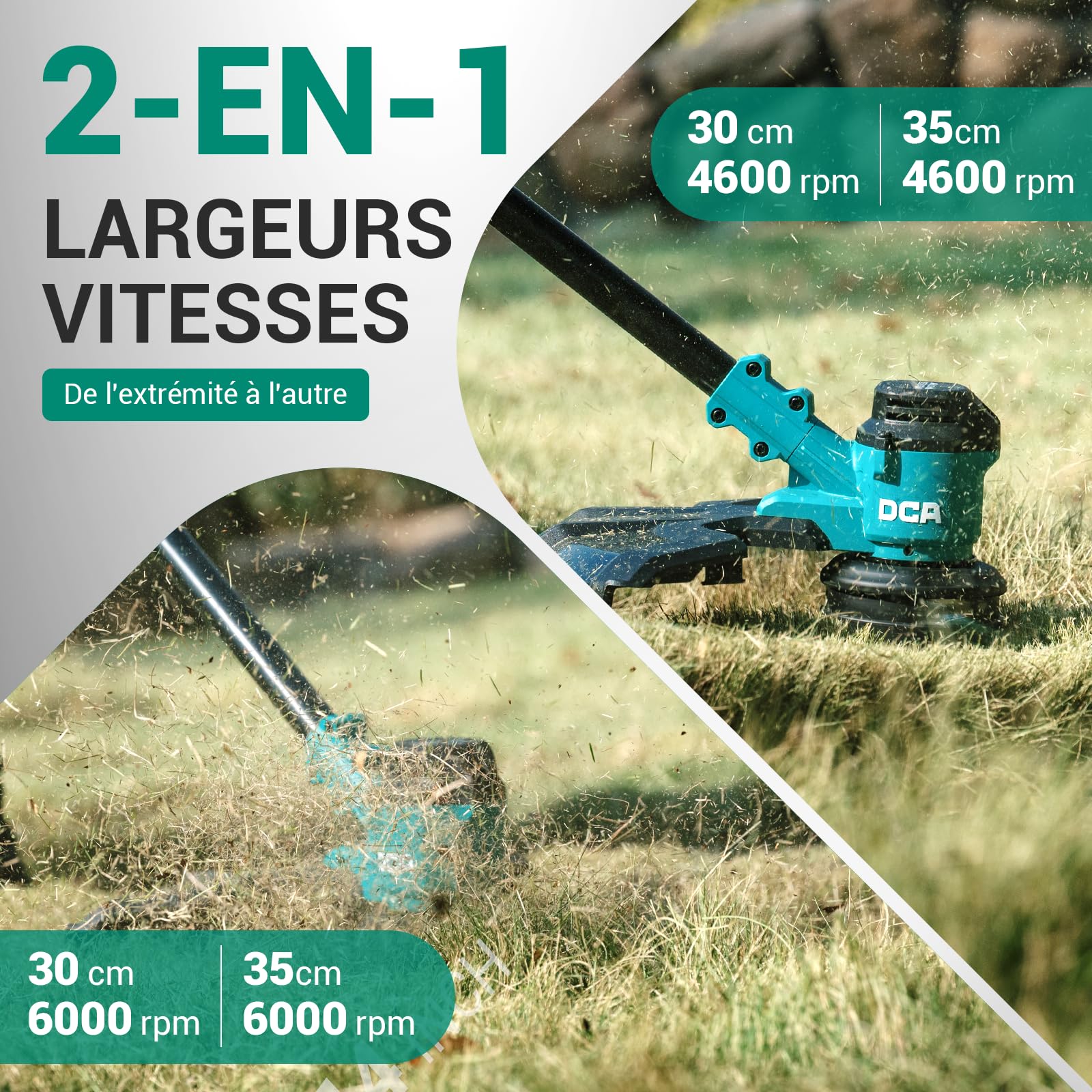 DCA Taille-Bordures sans Fil 20V, 2-en-1, Largeur de Coupe 35 cm et Vitesse 6000 RPM, Batterie 4,0 Ah, Chargeur pour travaux de Jardin et d'extérieur, ADST20141