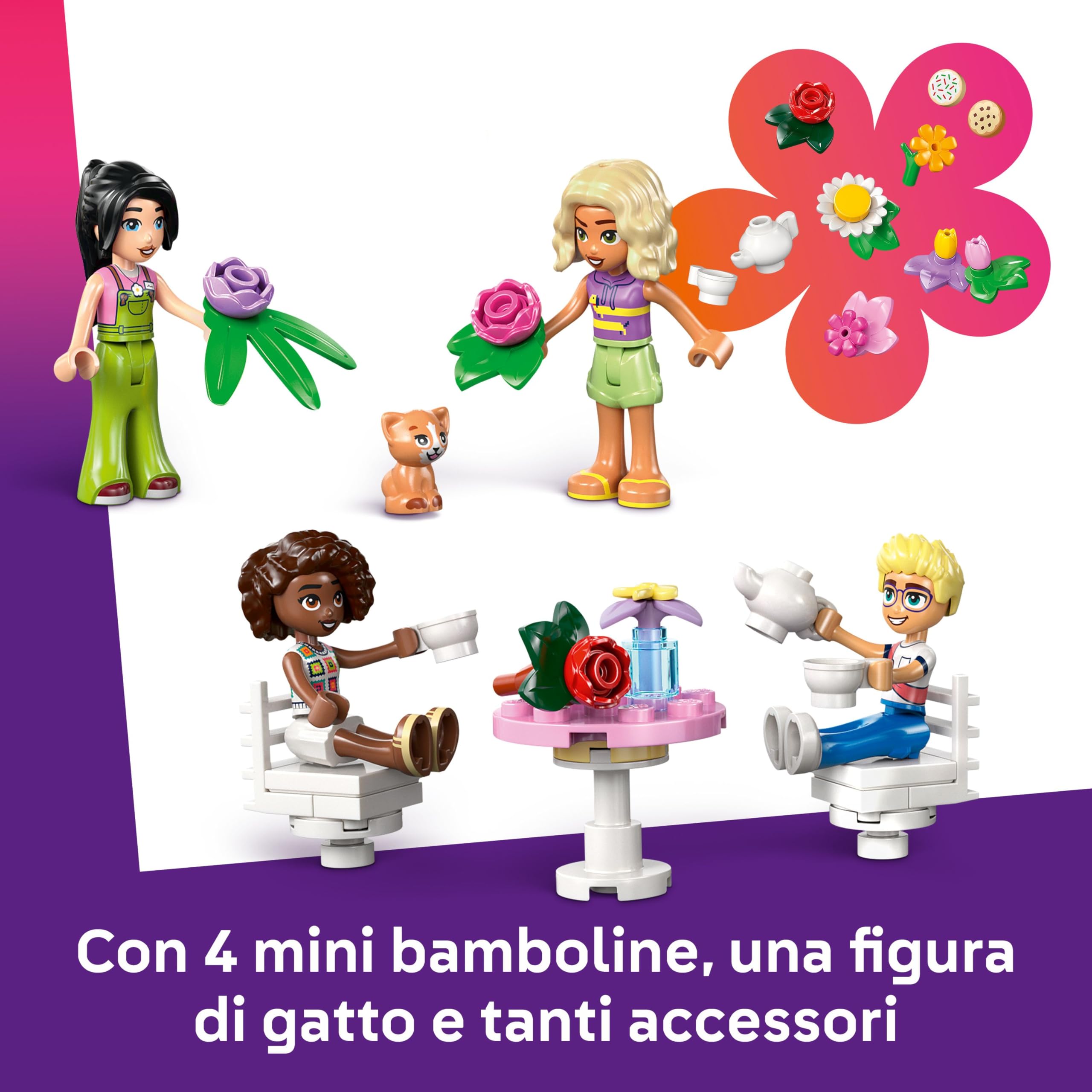 LEGO Friends Caffè delle Piante e Negozio di Fiori - Giocattolo con 4 Mini Bamboline, Gatto Domestico, Tram, Accessori da Cucina come Pasticcini, Tazze e Teiera - Regalo per Bambine da 9 Anni - 42671