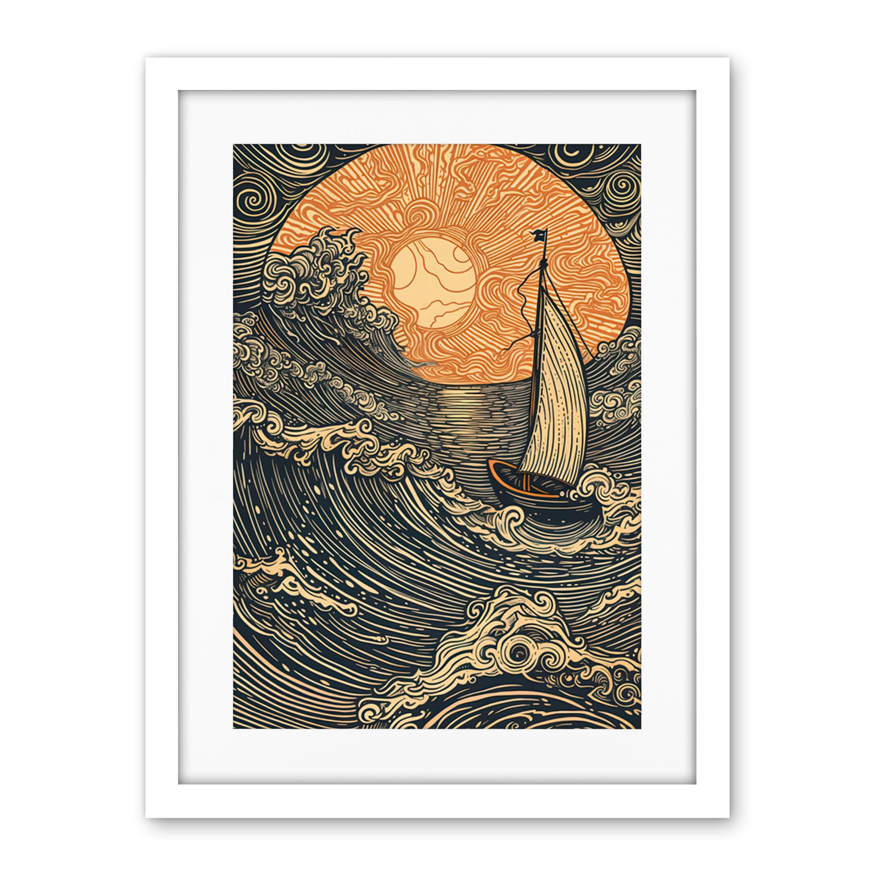 Artery8 Boat Sailing into the Sunset Linocut Illustration Artwork Framed Wall Art Print 18X24 Inch