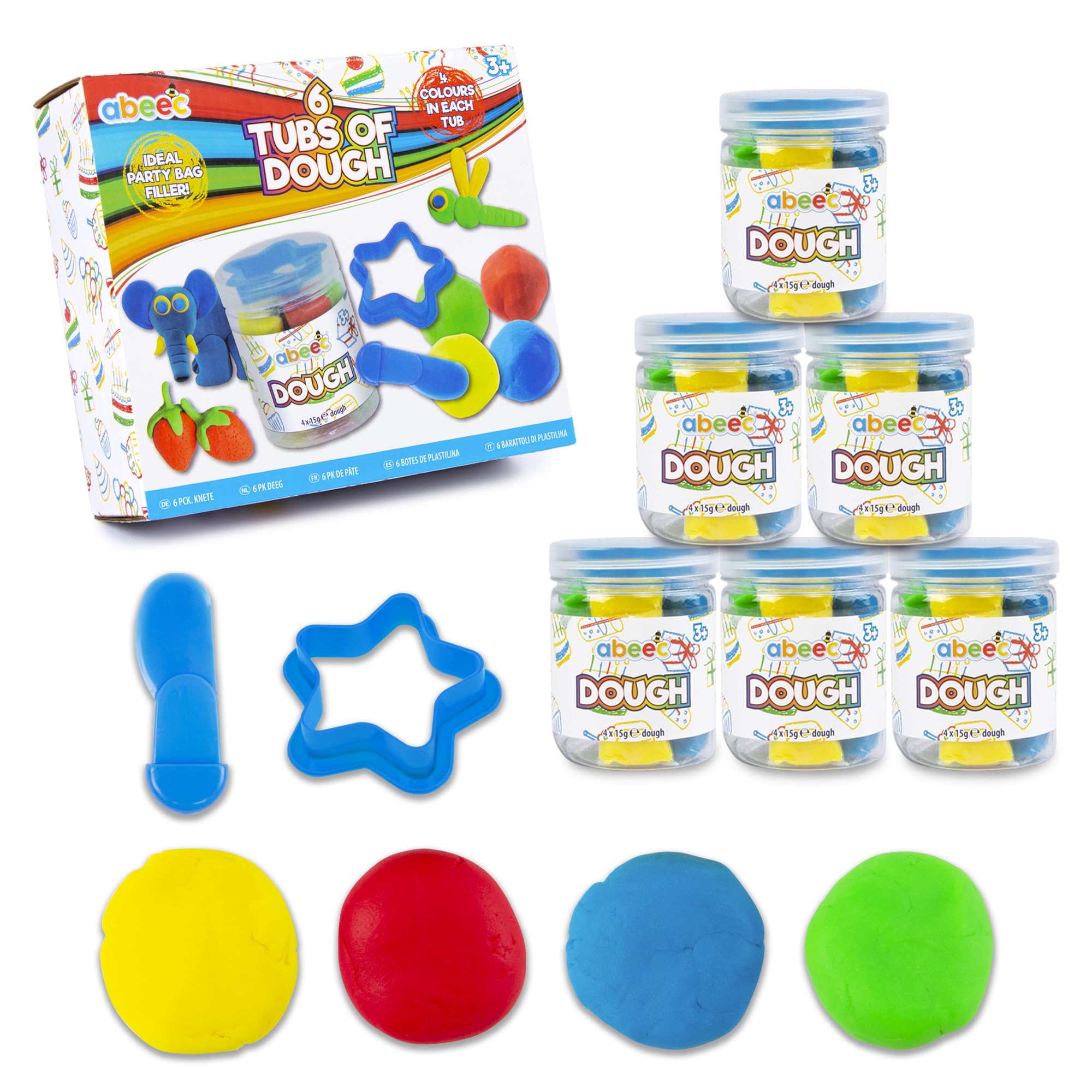 abeec 6 Mini Tubs of Modelling Dough  Creative Kids Party Bag Fillers with Dough Tools  Perfect for Party Favours and Pass the Parcel Gifts