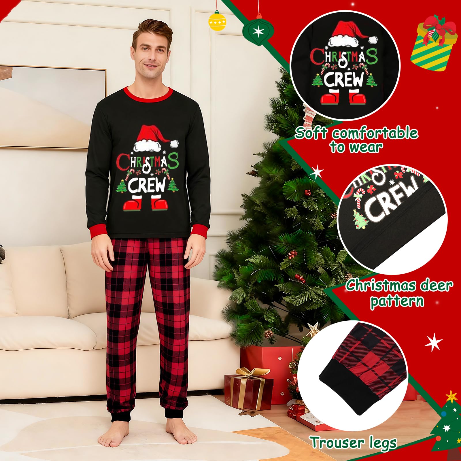Pigiama Natale Famiglia Set, Pigiami Natalizi Coppia, Christmas Invernale Girocollo Comodo Due Pezzi Sleepwear Natalizio per Donna Uomo Bamino Regalo
