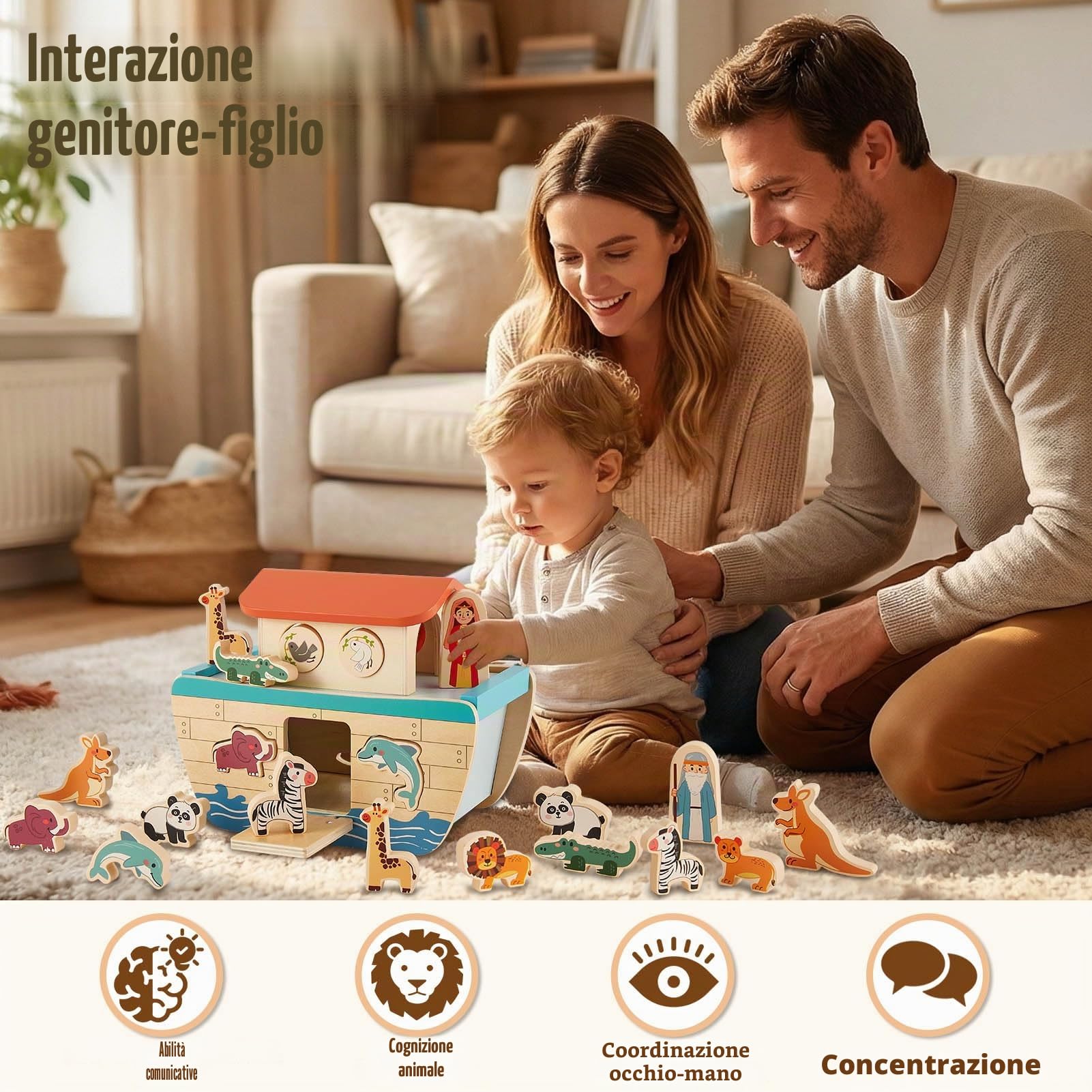 HERSITY Arca di Noè Giocattolo, Giochi Legno Bambini 1 Anno con Set Animali