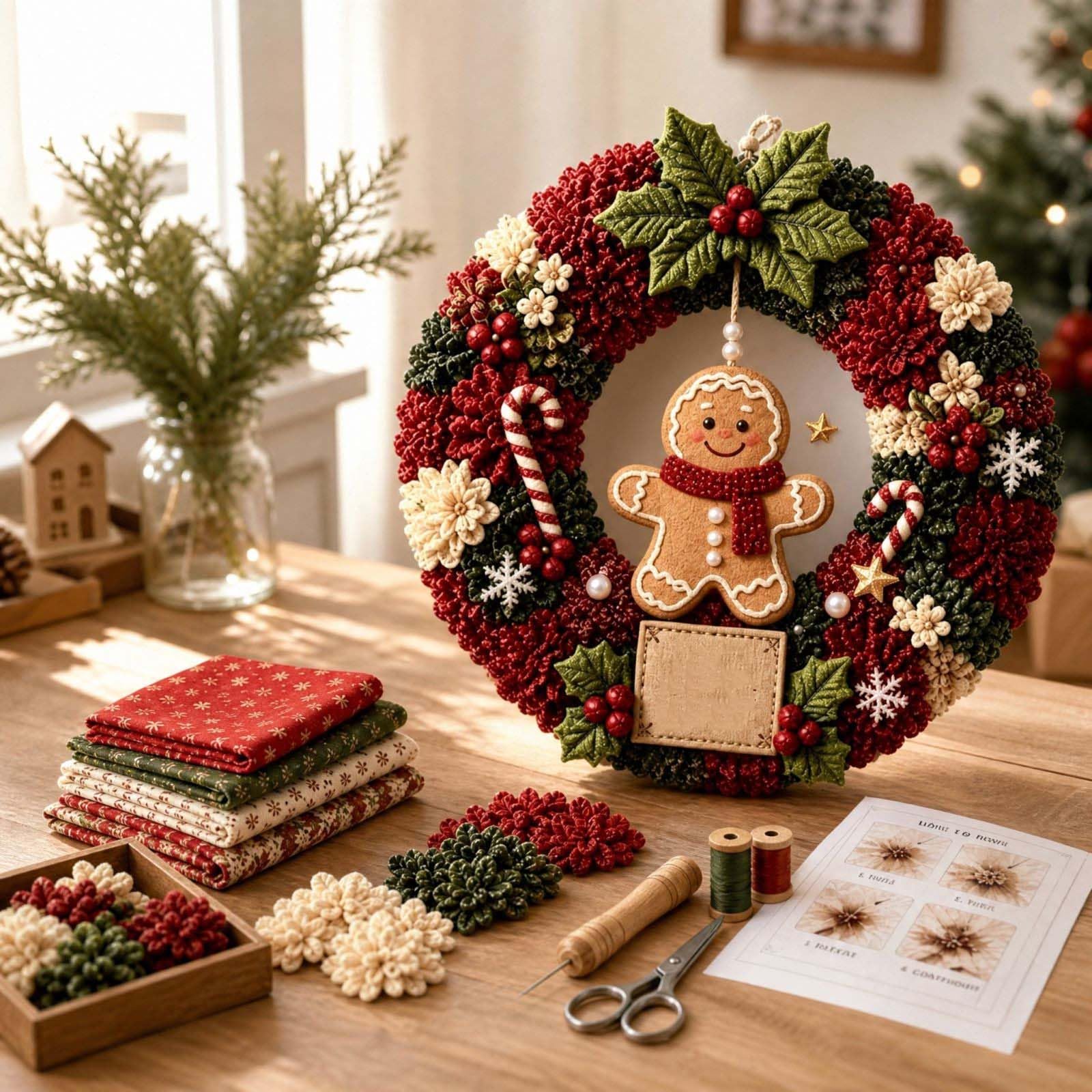 3D Fabric Poke Wreath DIY Kit, Christmas Santa Door Decor Craft (Gingerbread Man)