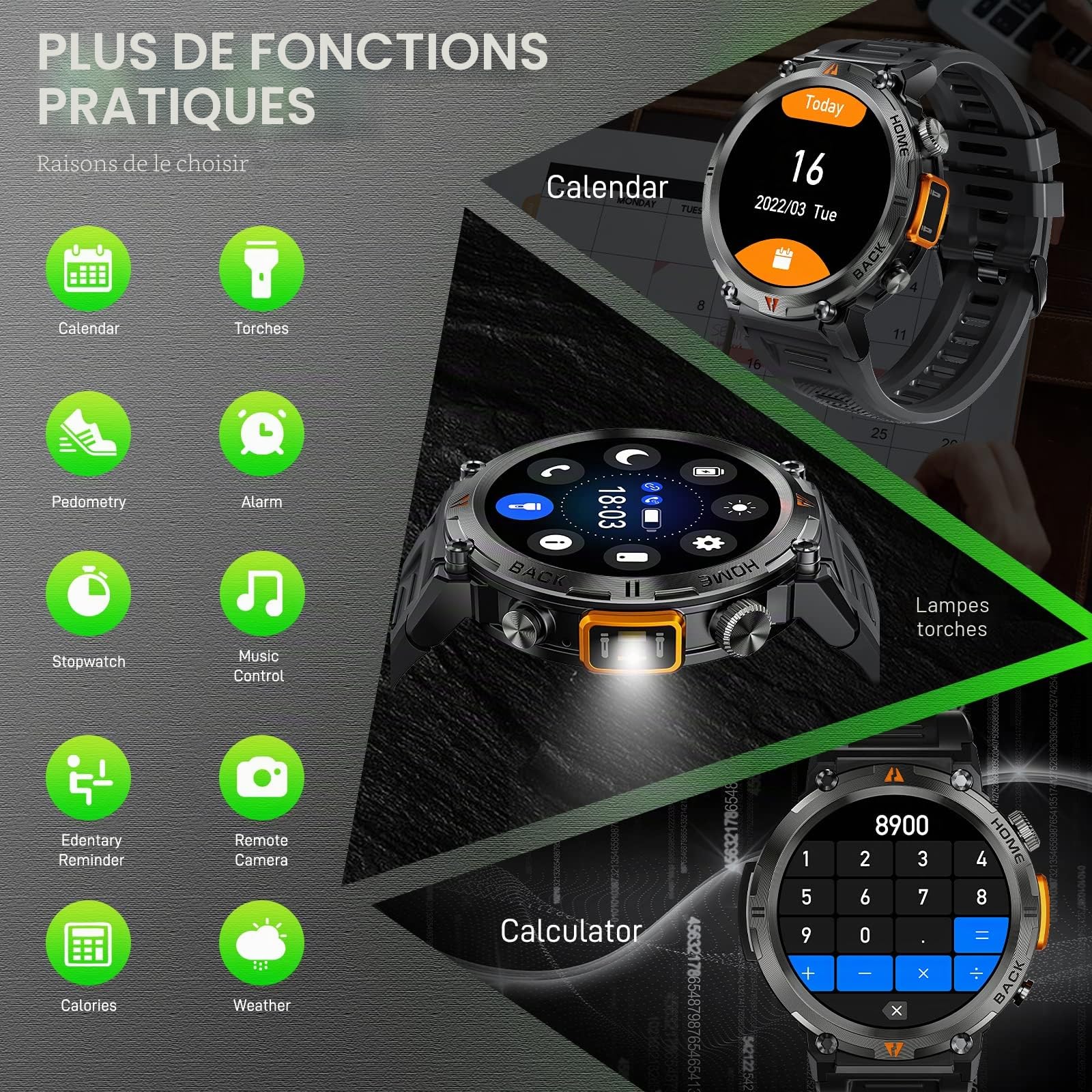 Montre Connectée Homme avec Appels Bluetooth, 1,45" Militaire Smartwatch | 3ATM Étanche avec Torche LED, Montre Fitness avec Fréquence Cardiaque SpO2 Surveillance 110+ Modes Sportifs pour Android iOS