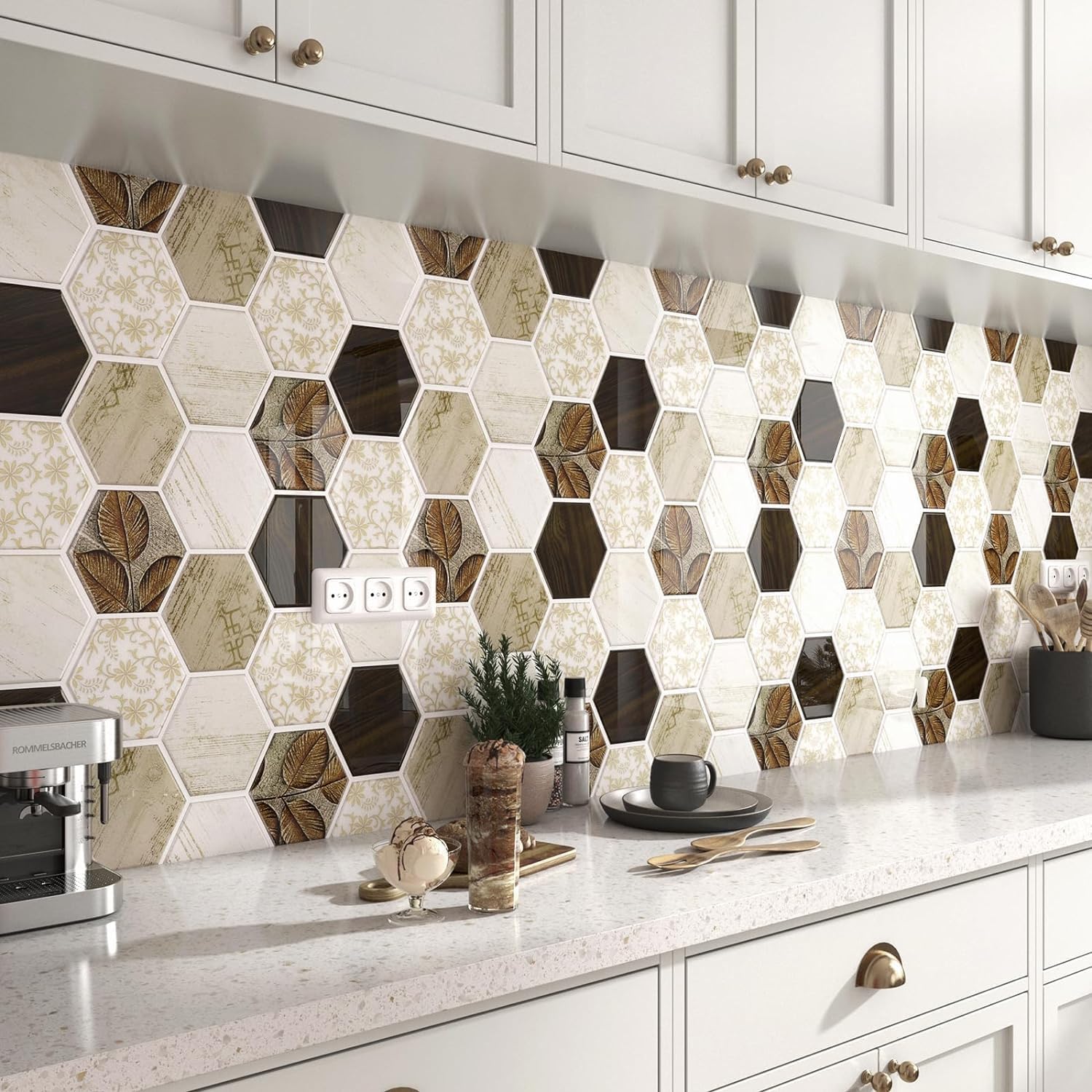 FunStick Credence Adhesive pour Cuisine Bois Marron Stickers Carreaux Beige 3D Buanderie 30×30CM 15 Dalles Murales Adhésives Cuisine Bois Stickers Carrelage Salle de Bain Carrelage Autocollant Mural