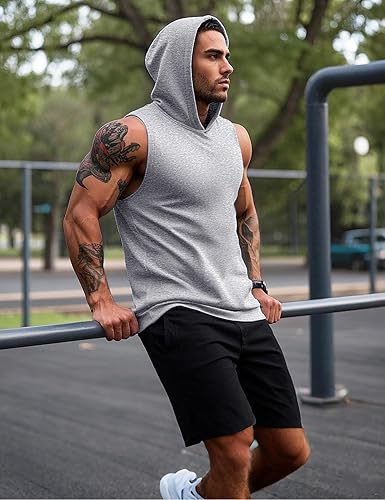 Vista 4 de MAGCOMSEN Camiseta sin mangas con capucha para hombre, de algodón, camiseta de verano casual, camiseta de entrenamiento