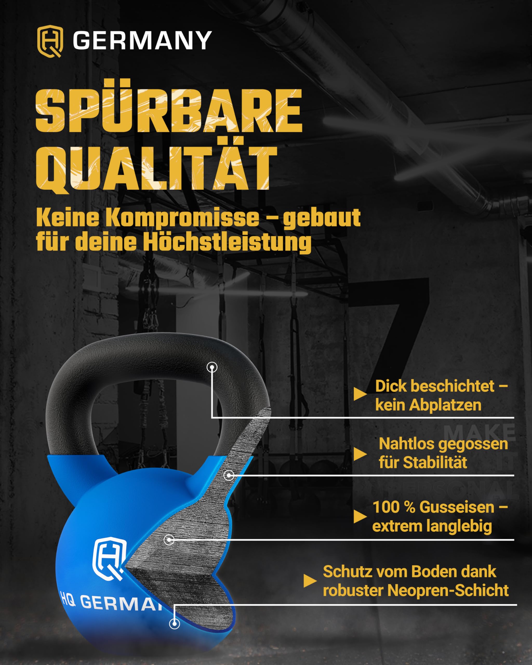 HQ Germany® Kettlebell Neopren [Bodenschutz] - Kugelhantel 2-32kg | Einteiliger Gusskern, pulverbeschichteter Griff, ±2% kalibriert, ergonomisch je Gewicht, Neoprenschicht