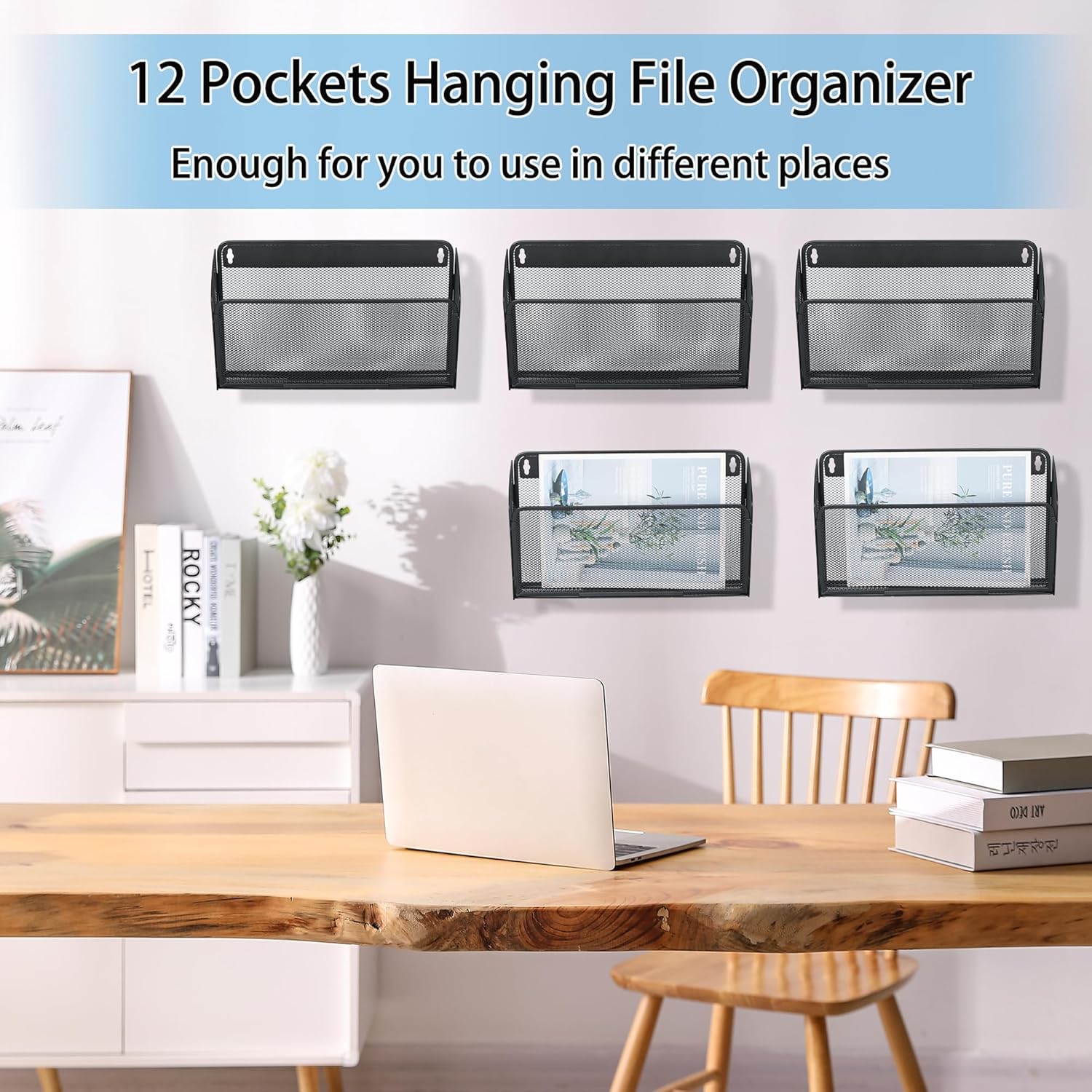 12 Pockets Wall File Holder Organizer Office Hanging Folder organizer Document Magazine Storage Rack for Office Home School, Black