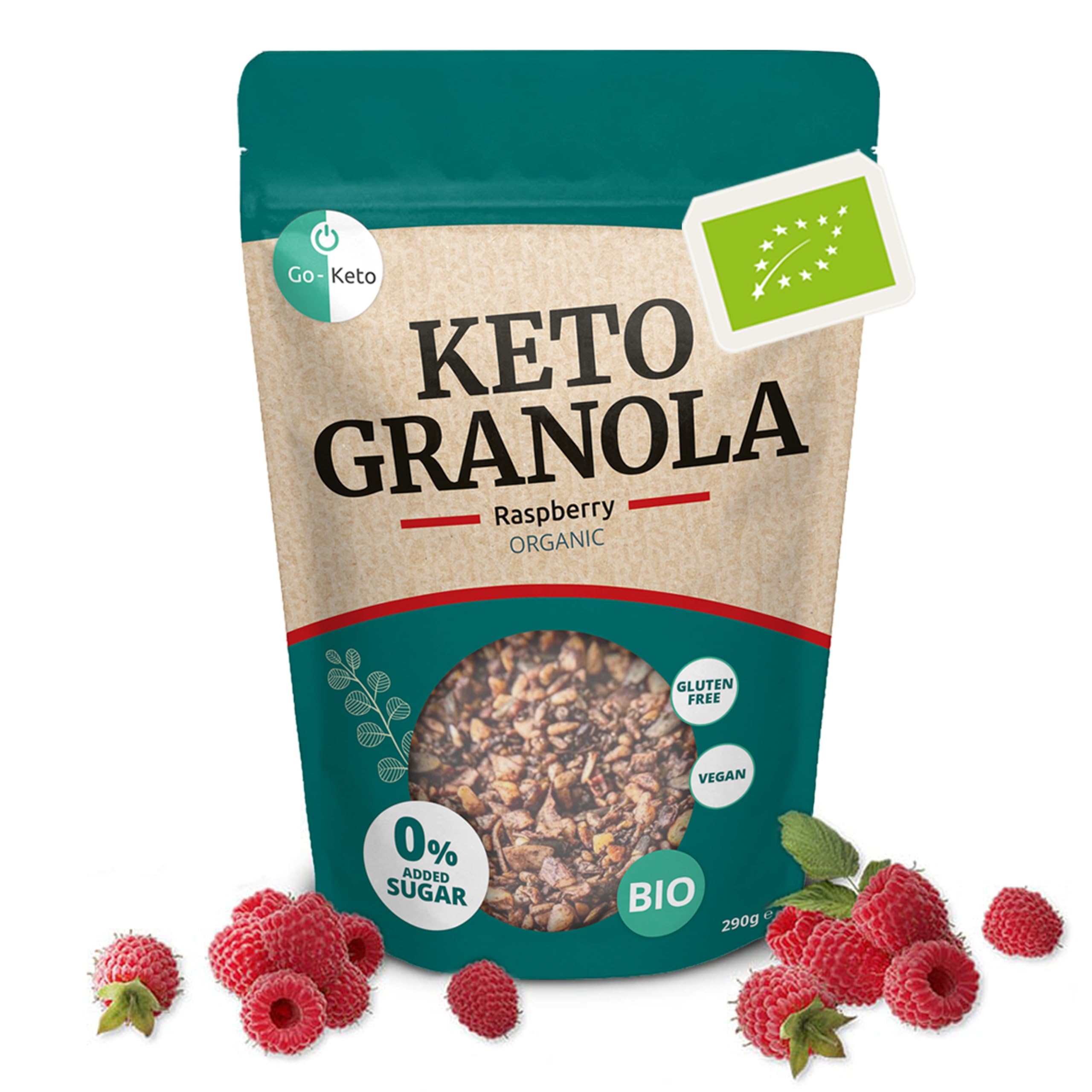 Go-Keto BIO Keto Granola Raspberry 290g - Low Carb Keto Muesli para un delicioso desayuno keto, con chips de coco, nueces, frutas, semillas de girasol y de calabaza, vegan, sin gluten, sin lactosa