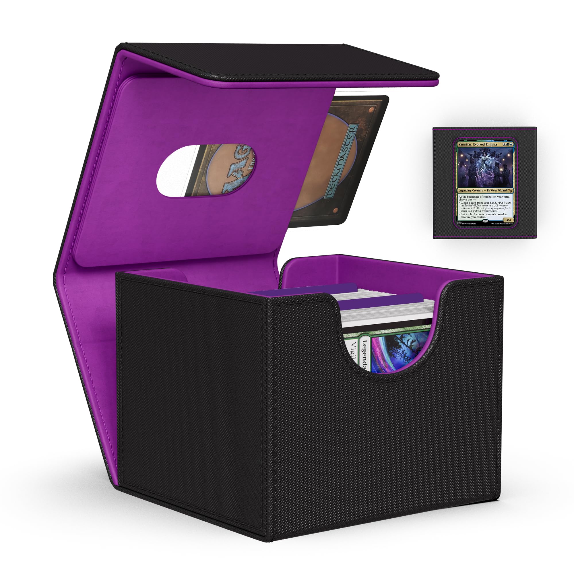 ZLCA MTG Commander Deck Box, Card Deck Box for Trading Card, Holds 100+ Double Sleeved Cards Fits for TCG CCG Magic Cards with 2 Dividers (Black & Purple)