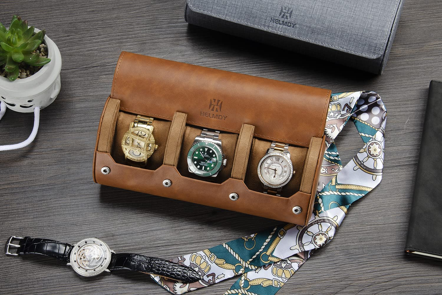 Boîte à Montres Coffret de rangement pour 3 Montres homme Regarder Rouleau Valise De Voyage 3 Fentes Doublure en Velours, Fermeture en Métal Pu Cuir Montre Portable Affichage Stockage (Noir)