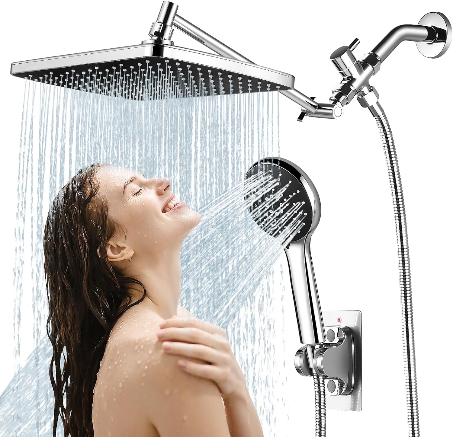 RNDIOZD 11.8 Inch High Pressure Rain Shower Head with 5-Mode Handheld Combo, Adjustable Arm & Holder, Chrome