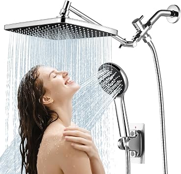 Rain Shower Head with Handheld, High Pressure Chrome rainfall shower head | regaderas para shower,11.8" Rectangular,ion drops shower head,dual shower head,Bathroom Decor,Extension Arm,5 Spray Mode
