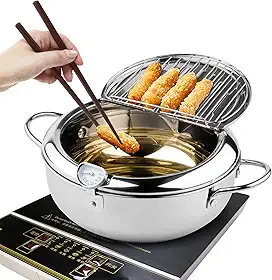 Kerilyn Frigideira, frigideira tempura estilo janpanês de 9,4 polegadas/3,4 L com tampa, aço inoxidável 304 com controle de temperatura e escorredor de óleo, para cozinha, batatas fritas, frango, etc