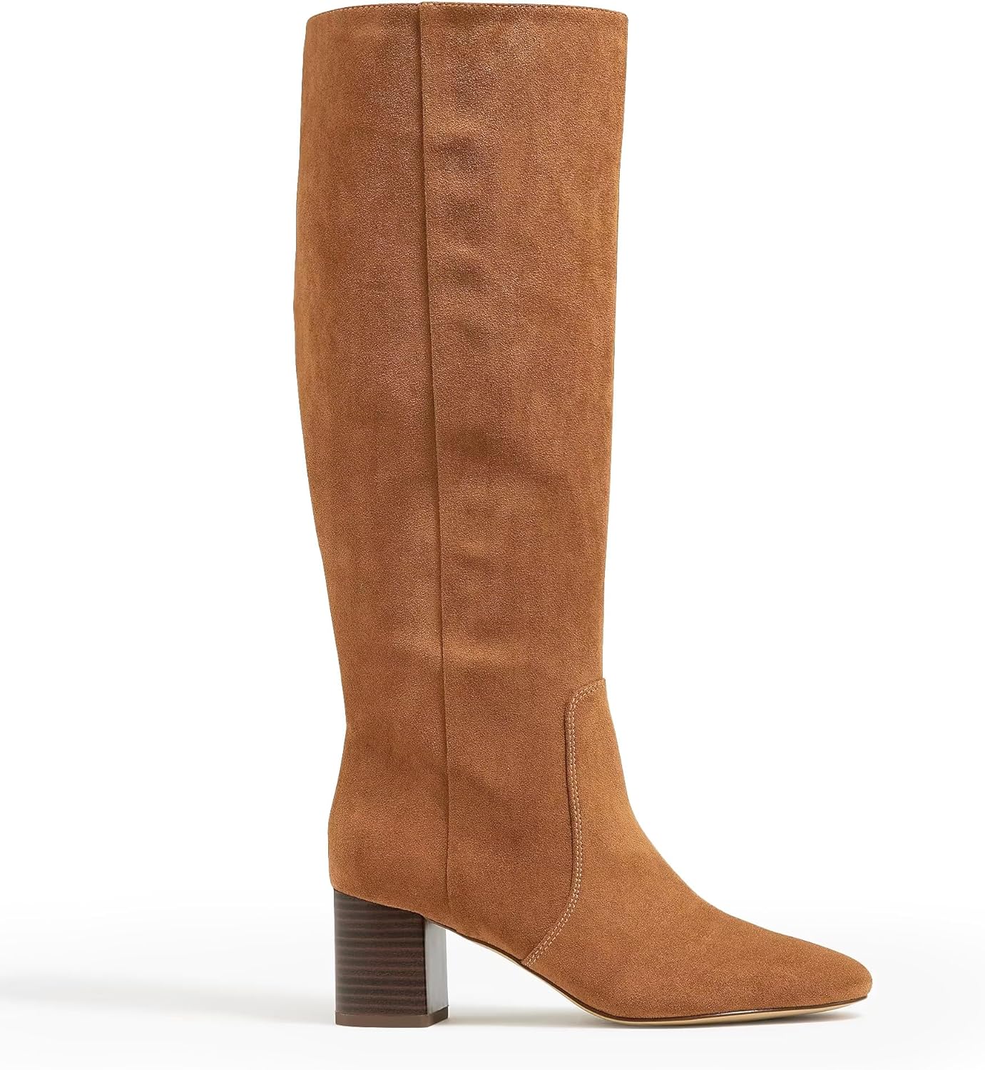 Coutgo Womens Chunky Heel Knee High Boots Suede Round Toe Fall Winter Tall Boots with Side Zipper