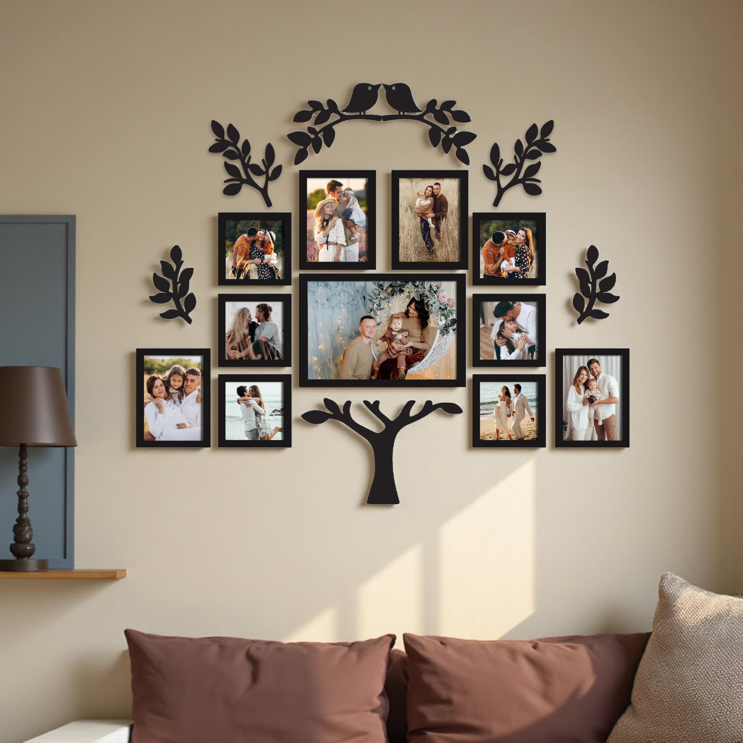 Art Street Family Tree Wall Photo Frame Set Pack of 11 with 9 MDF Cutouts for Home Decoration | Wall Photo Frame Collage for Living Room Bedroom | 5x5, 5x7, 8x12 Inch