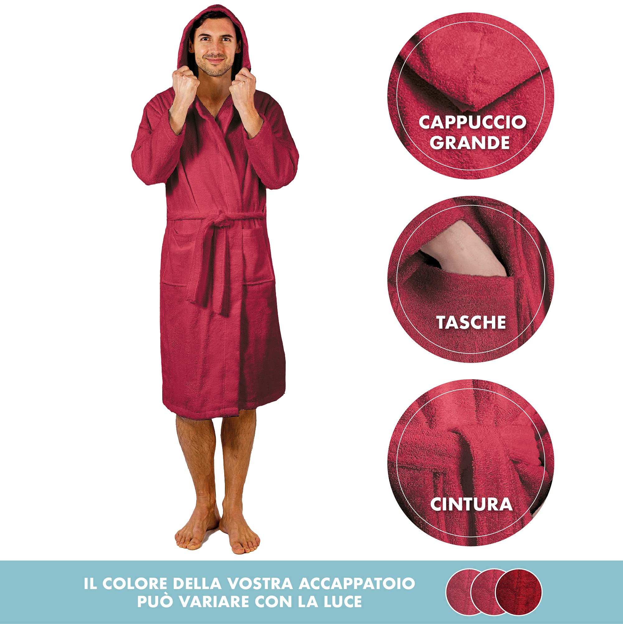 Twinzen Accappatoio per Uomo con Cappuccio in Spugna, 2 Tasche, Cintura Cotone Senza Prodotto Chimico, Oeko Tex - Vestaglia per Uscire dalla Doccia, Assorbente e Confortevole