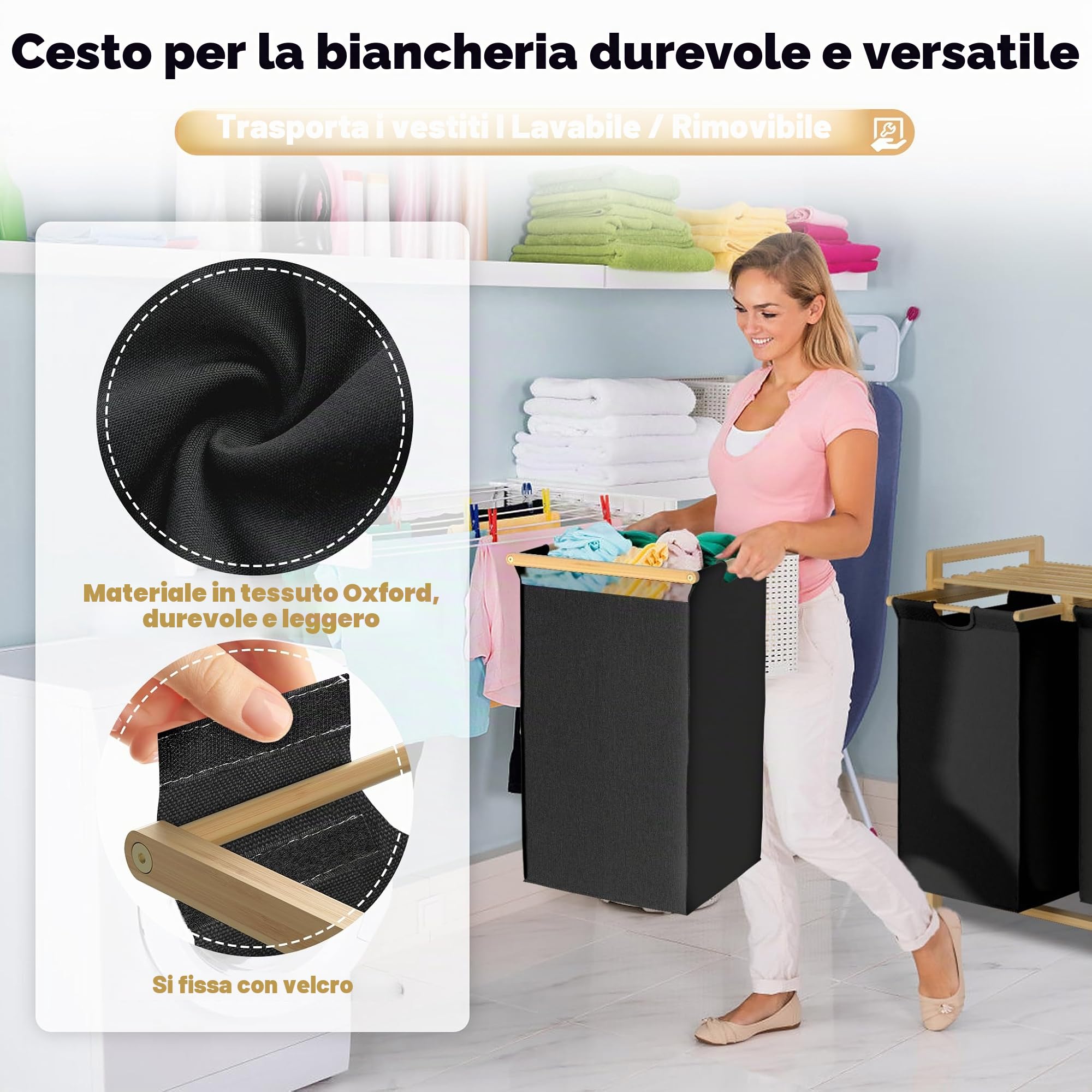 Froadp Cesto portabiancheria con telaio in bambù, sacchetto in tessuto Oxford rimovibile e lavabile, 2 scomparti separati, per la casa, nero, 73 x 64 x 33,5 cm