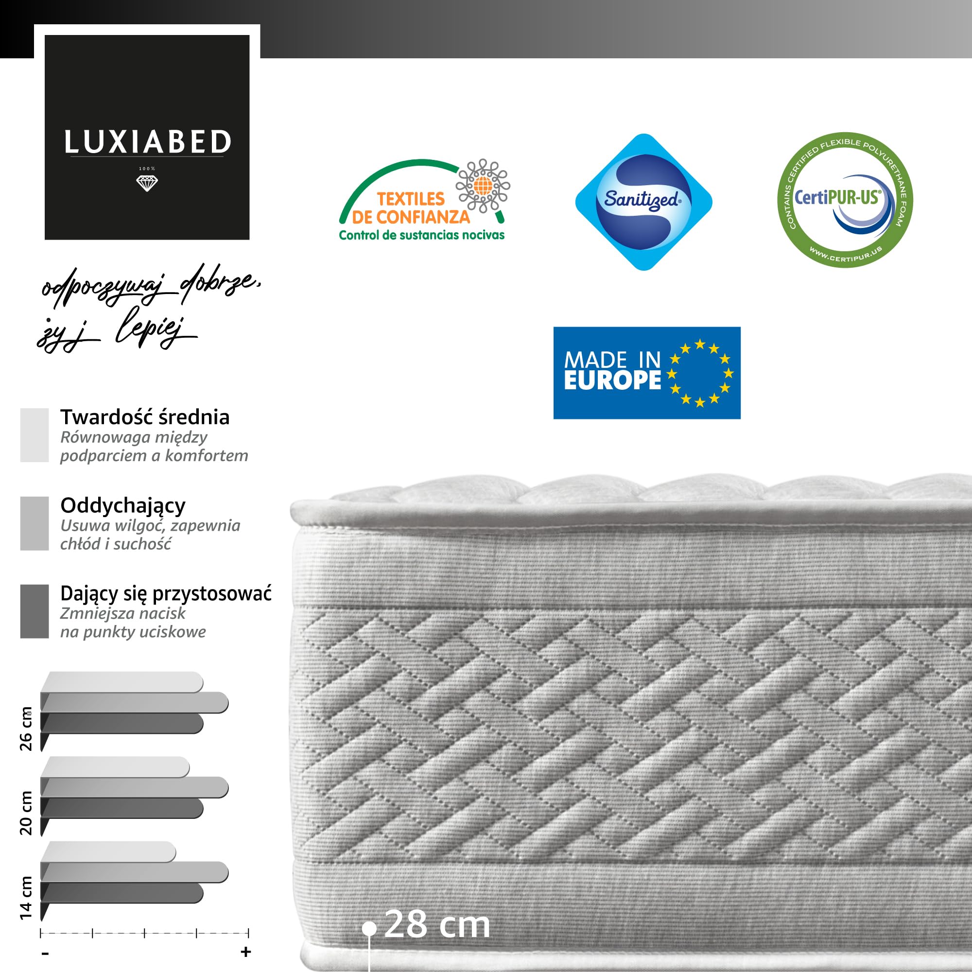 LUXIABED Materac 150x190 Odwracalny Małżeństwo. Wysoki komfort. Oddychający, przeciw roztoczom i przyjazny alergikom. Adaptacyjna Viscoelastica Plus. Komfort + Średnia jędrność Szary. Model Optimal