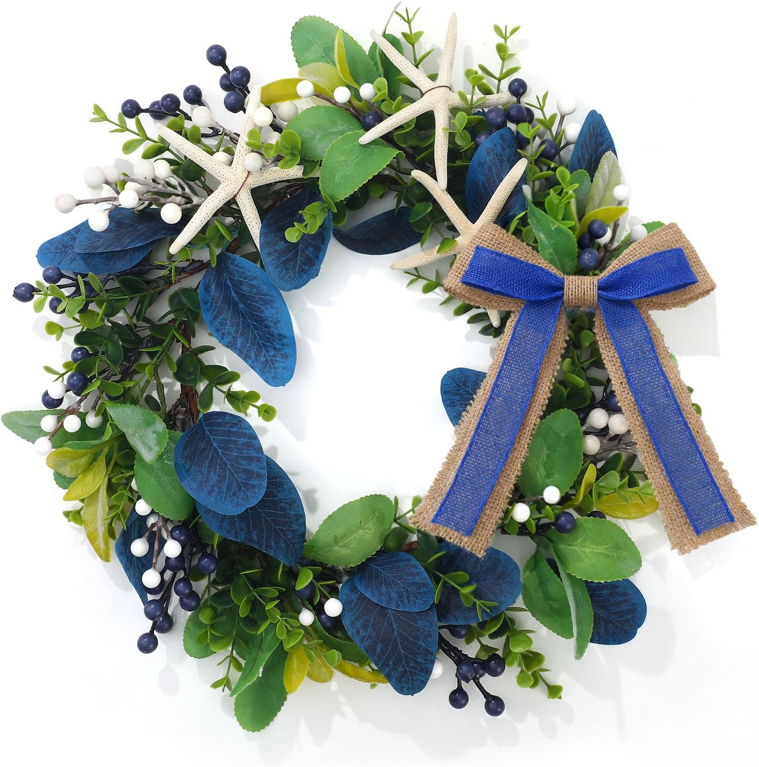 Summer Starfish Wreath 20 in Artificial Eucalyptus Wreath for Front Door, Coastal Farmhouse Door Wreath with Blue and White Berries and Burlap Bow for Porch, Wedding, Beach House Decor