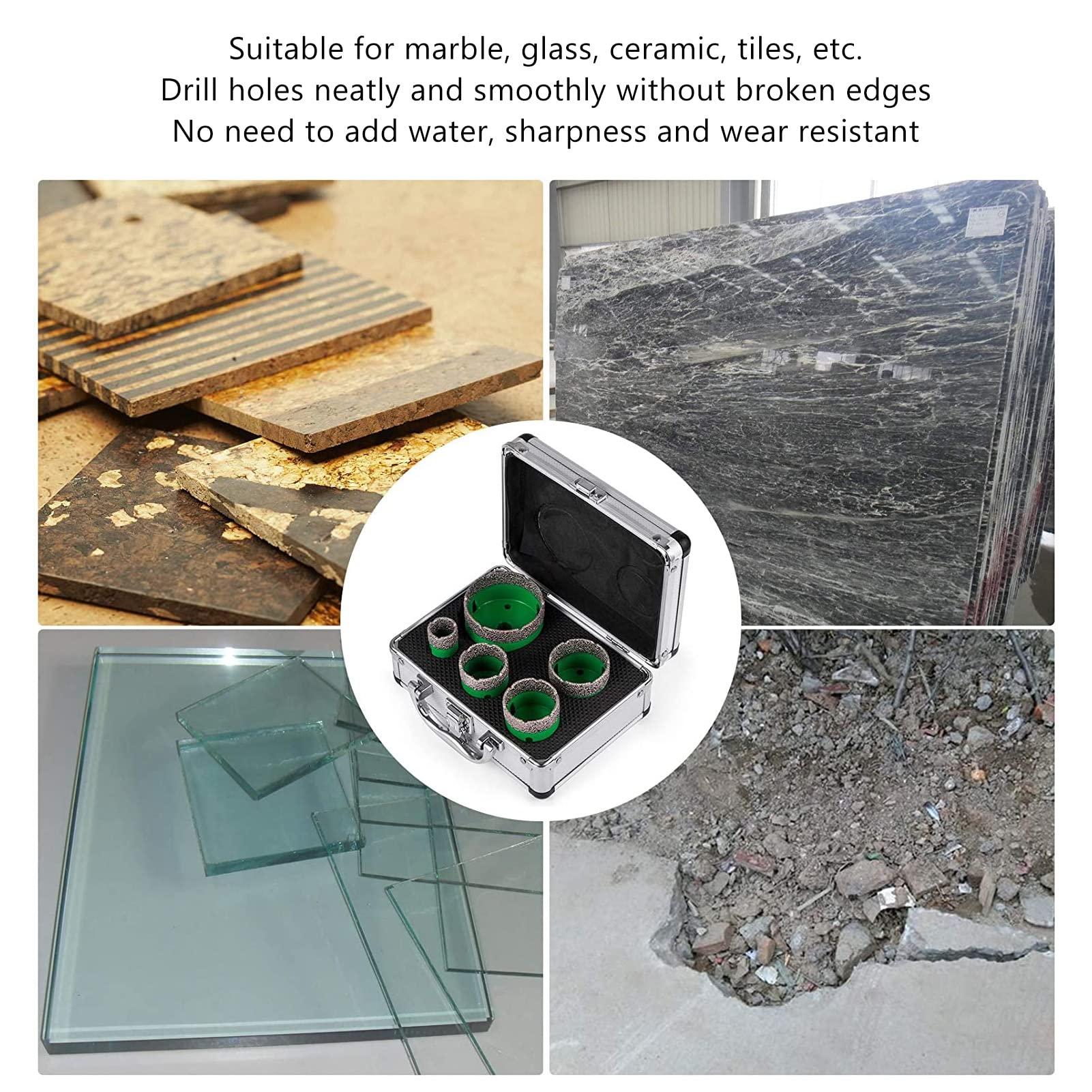 BestAlice 5-częściowy Zestaw Diamentowych Otwornic, 25/40/45/50/68mm Lutowane Wiertło Diamentowe Otwornica, Lutowany Zestaw Wierteł Rdzeniowych z Aluminiowym Pudełkiem do Płytek Szklanych, Marmuru, Ci
