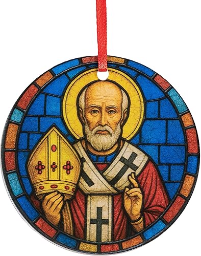 St. Nicholas Bishop - Adorno de Navidad de acrílico - Decoración de árbol de vacaciones católico redondo de 3.5 pulgadas