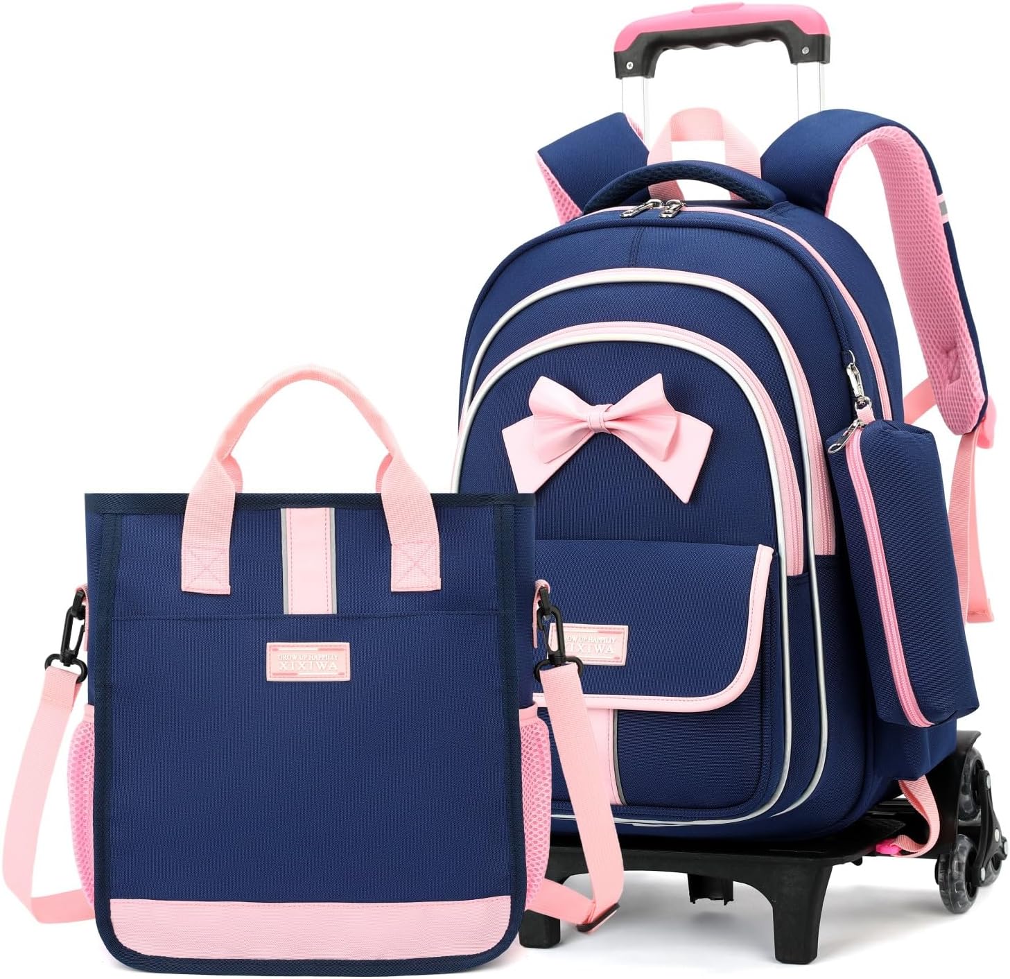 MITOWERMI Rolling Backpack for Girls 3Pcs Elementary School Bag Cute Bowknot Backpack with Wheels Girls Bookbags with Handbag Trolley Bags Kids Carry-On Luggage