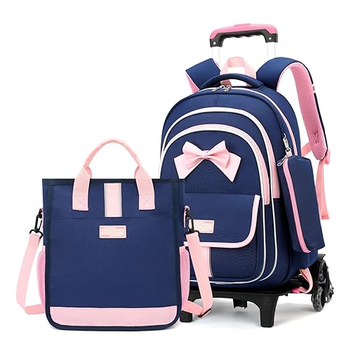 MITOWERMI Rolling Backpack for Girls 3Pcs Elementary School Bag Cute Bowknot Backpack with Wheels Girls Bookbags with Handbag Trolley Bags Kids Carry-On Luggage