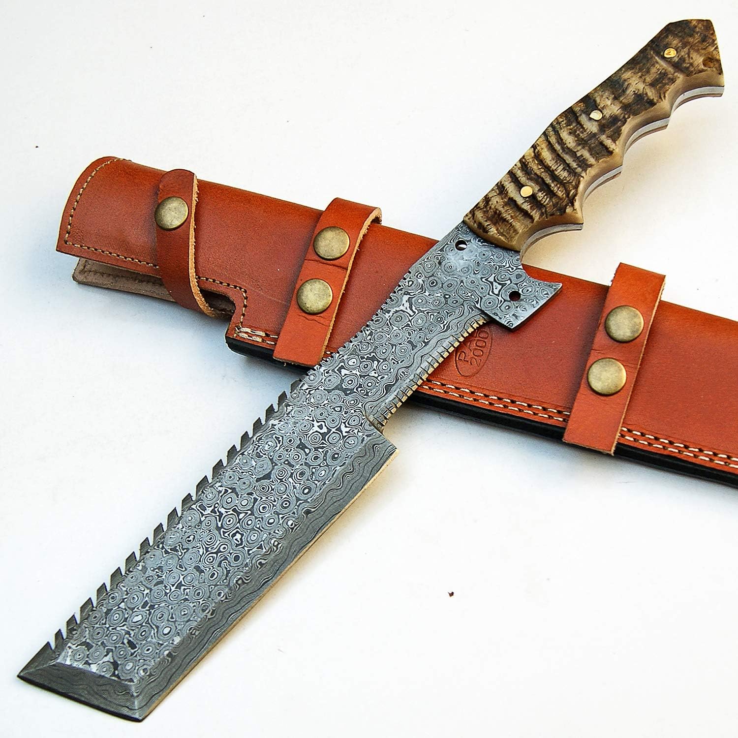 PAL 2000 KNIVES Custom Handmade Damascus Steel 14 Inches Hunting Knife - Perfect Grip Ram Horn Handle with Sheath 9445