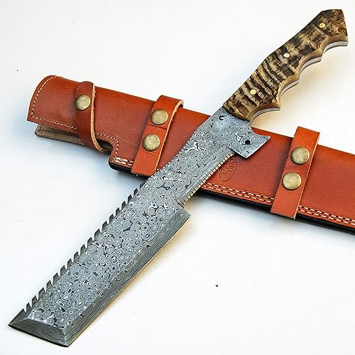 PAL 2000 KNIVES Cuchillo de caza hecho a mano de acero de Damasco de 14 pulgadas - Mango de cuerno de carnero de agarre perfecto con funda 9445