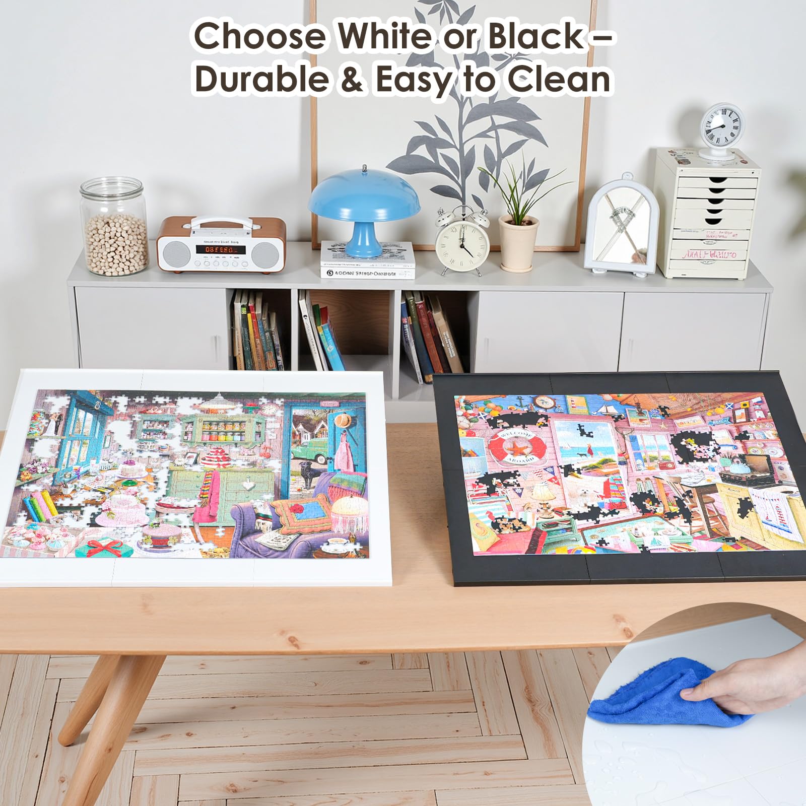 WELGEE Tavola puzzle inclinabile fai da te, con 6 pannelli modulari e supporto, tavolo puzzle portatile leggero per adulti e anziani, accessorio puzzle personalizzabile solo 1,6 kg (bianco)