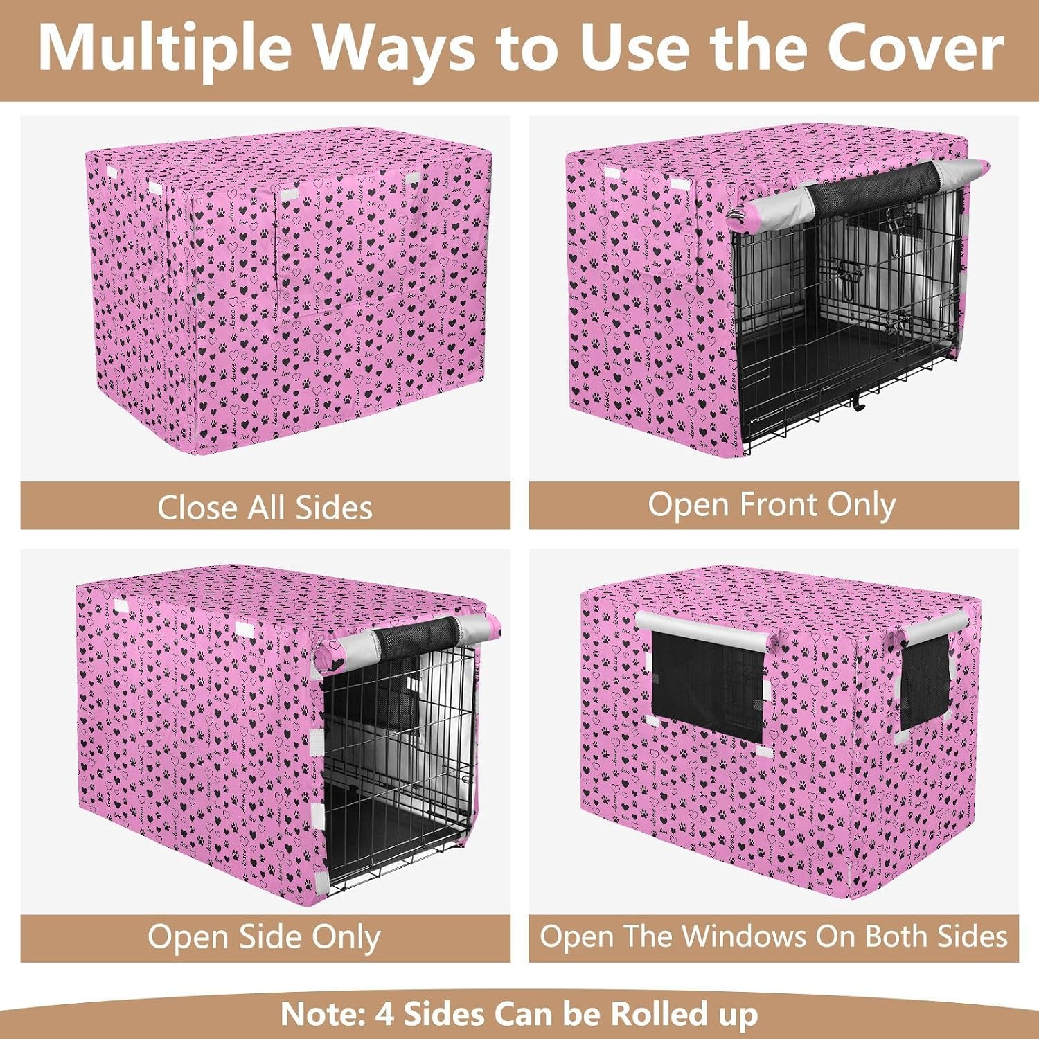 Cute Paw Prints Metal Dog Crate Cover Kennel Covers with Roller Shades Hot Pink 48 Inch
