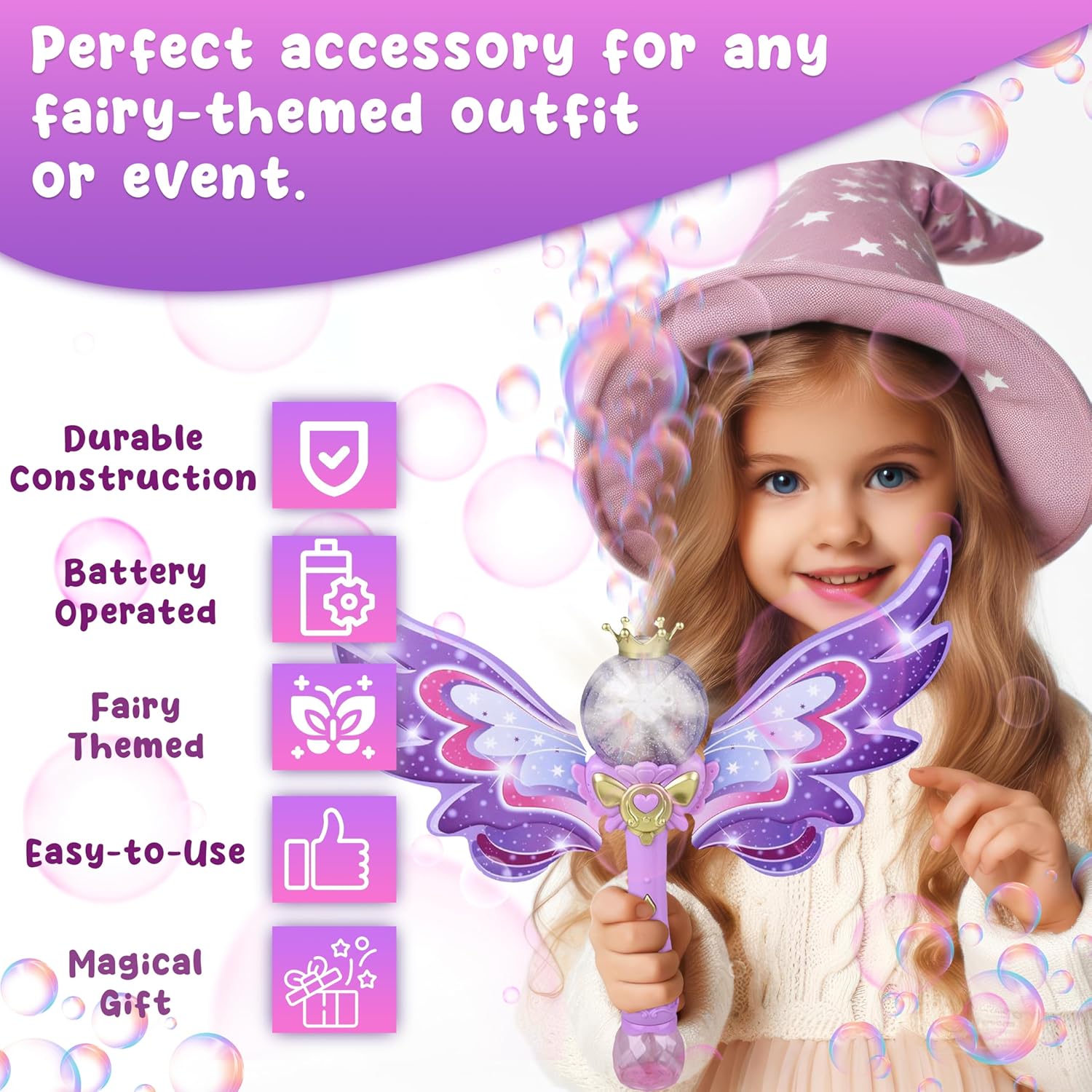 14” Fairy Bubble Blower Wand with Dazzling LED Lights – Forest & Twelfth Bubble Wands for Kids, Battery-Powered Bubble Blaster, Includes Bubble Solution – Perfect Bubble Blower for Toddlers (Fairy)